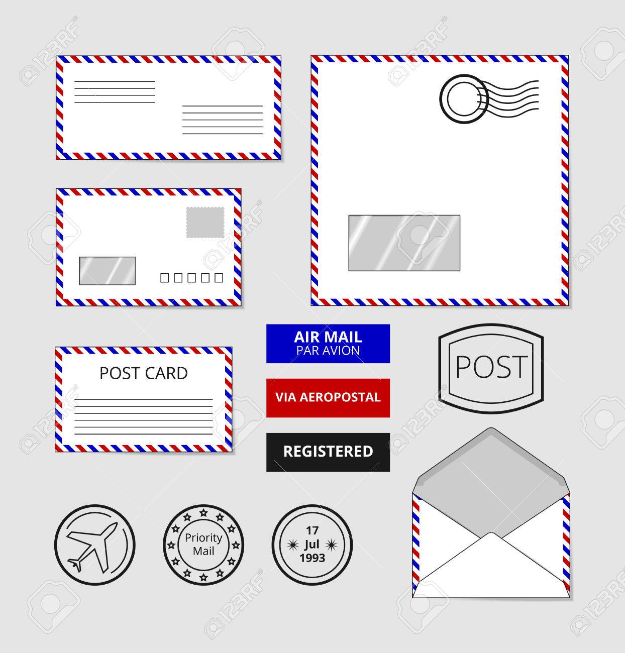 エアメール封筒 はがきやバッジを設定します ベクトル図の文字がスタンプを記事します のイラスト素材 ベクタ Image