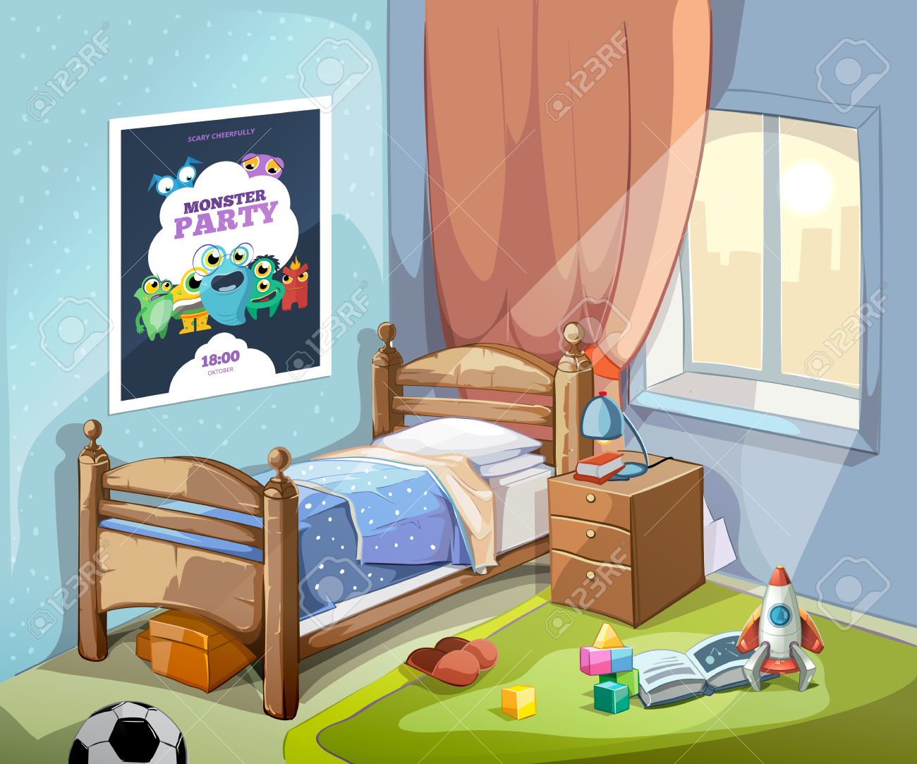 Childrens Bedroom Interior In Cartoon Style With Football Ball And Toys Vector Ilration Stock Vector Childrens Bedroom Interior In Cartoon Style With Football Ball And Toys Vector Ilration Stock Vector