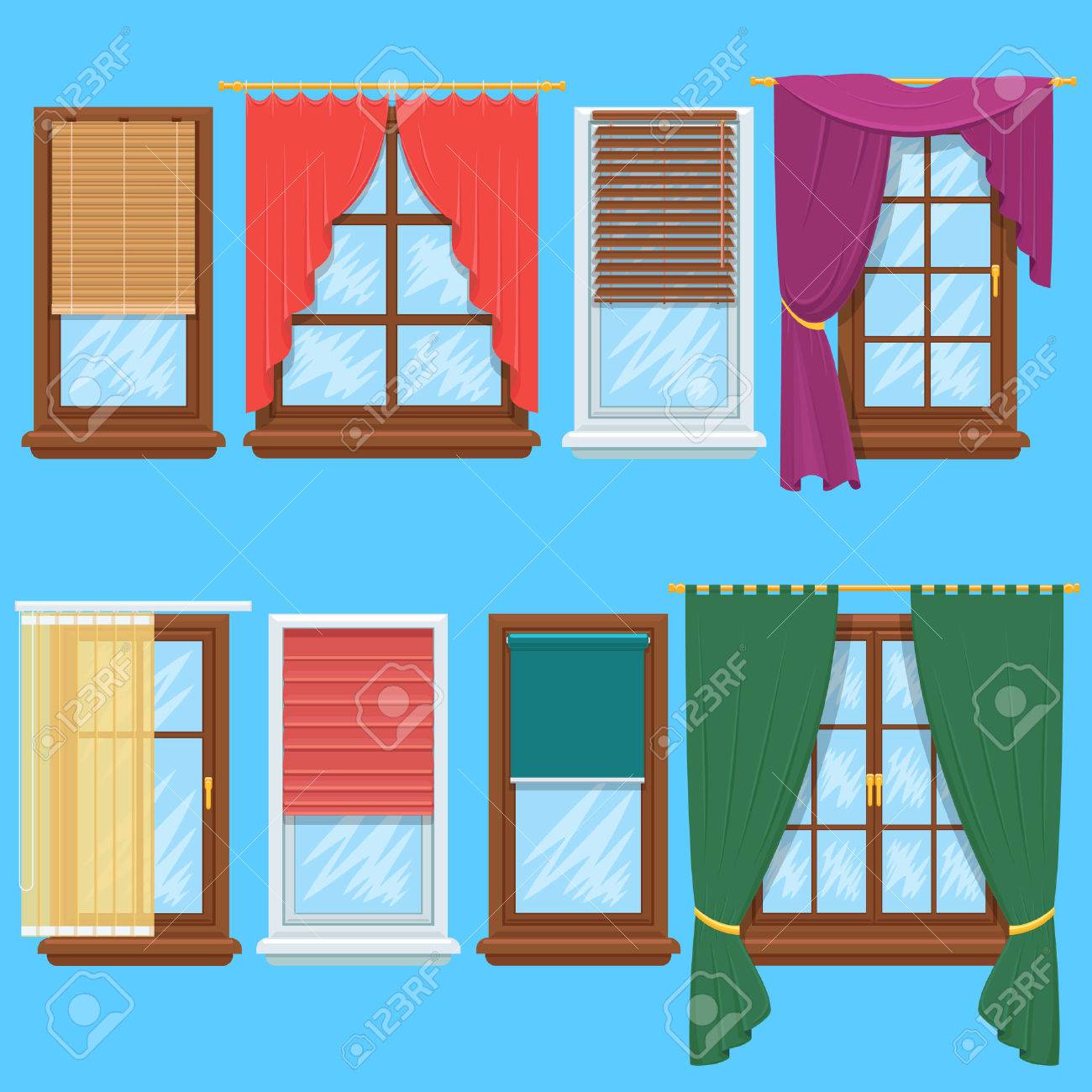 Window curtains and blinds set. Jalousie for house or creative home interior, vector illustration - 51088573 Window curtains and blinds set. Jalousie for house or creative home interior, vector illustration - 51088573