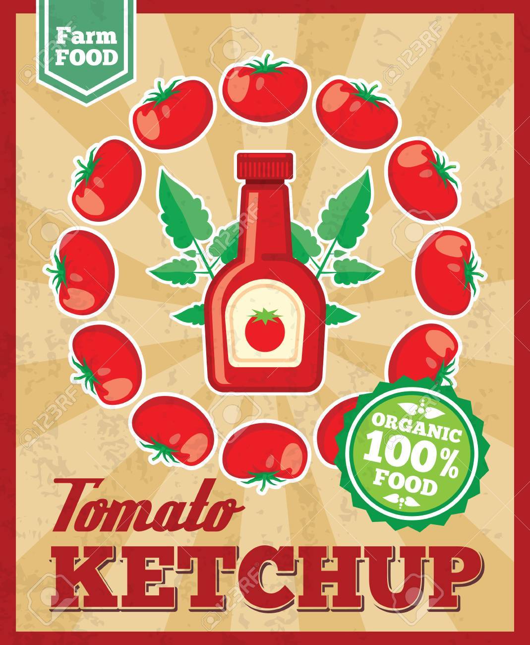 トマト ケチャップのレトロなベクトルの背景 野菜 新鮮な自然食材ファーム ベクトル イラストのイラスト素材 ベクタ Image