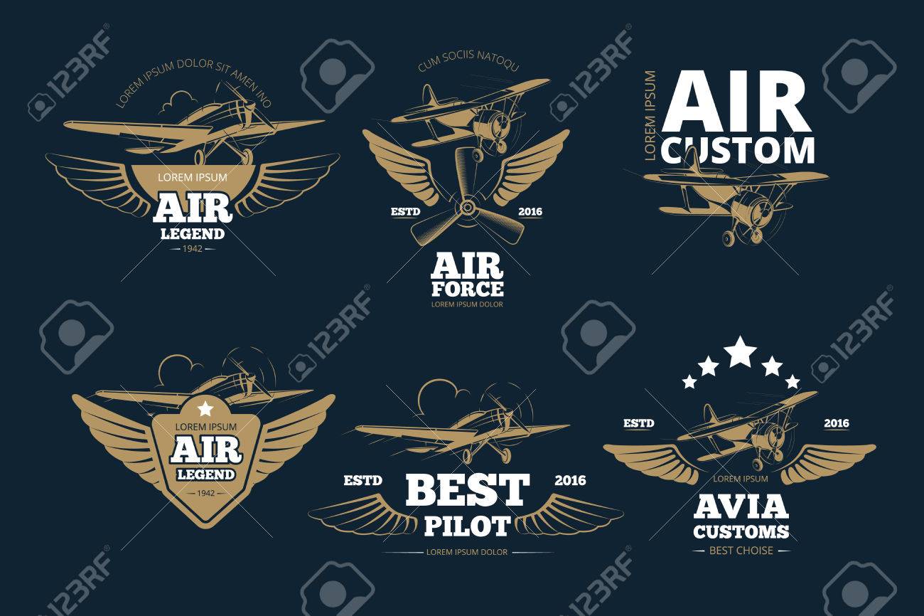 飛行冒険ベクトルのロゴとラベル 空気のカスタムの凡例と力 最高のパイロットのイラストのイラスト素材 ベクタ Image