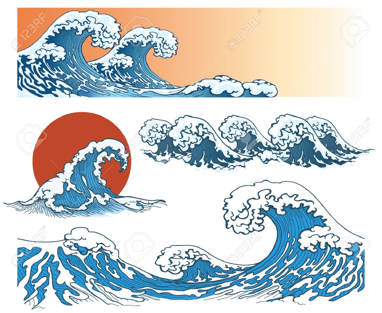 Waves in japanese style. Sea wave, ocean wave splash, storm wave. Vector illustration - 52208554 Waves in japanese style. Sea wave, ocean wave splash, storm wave. Vector illustration - 52208554
