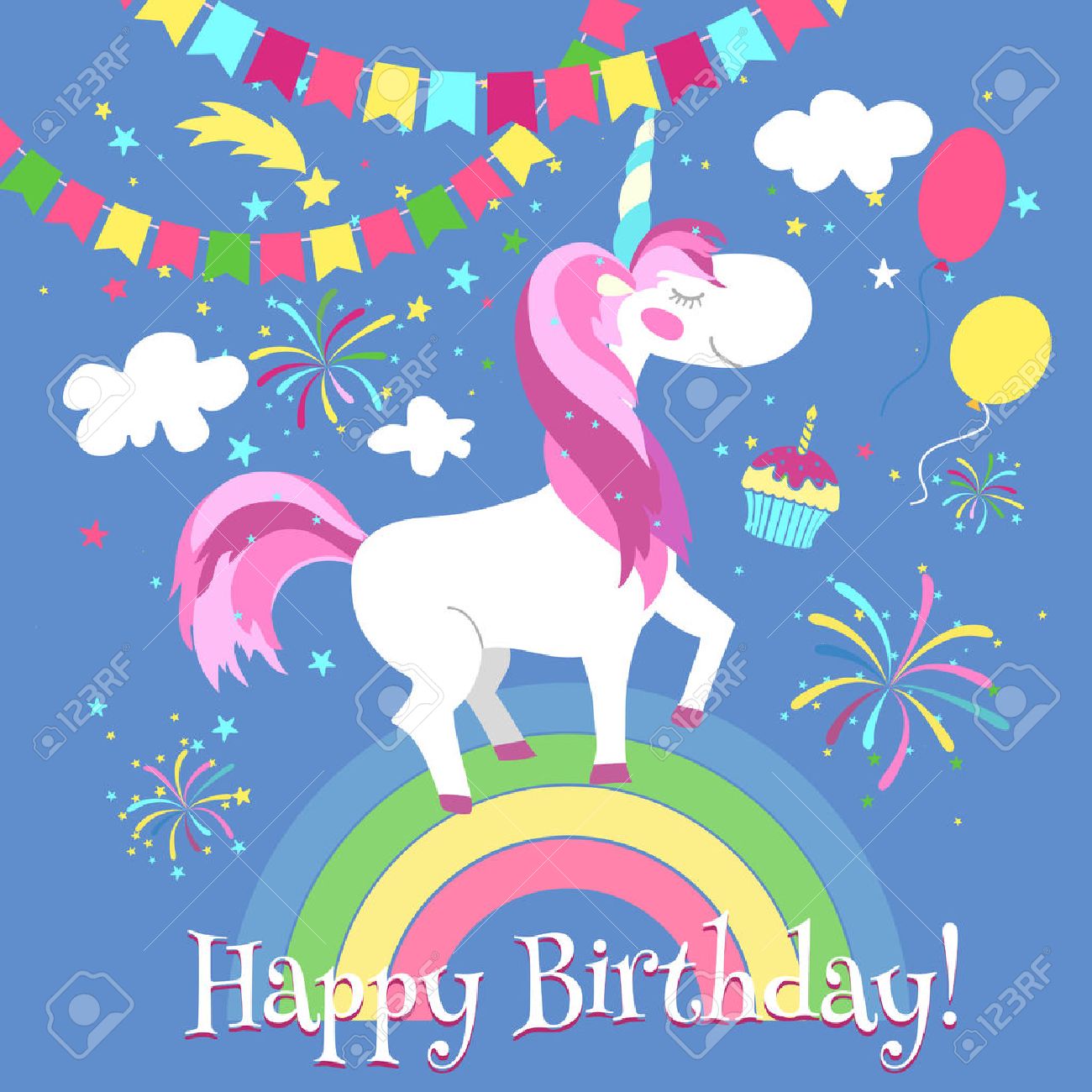 お誕生日おめでとうかわいいユニコーンのカード ベクトル テンプレート ユニコーン カード誕生日 虹 童話ファンタジー ユニコーン イラストに幸せのユニコーン のイラスト素材 ベクタ Image