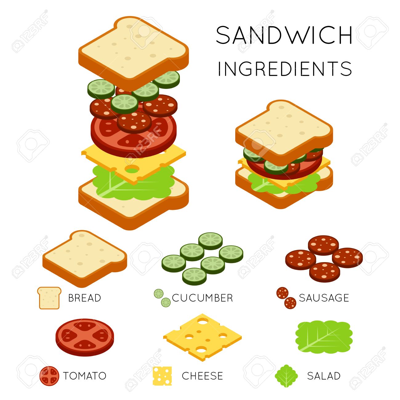 ベクトル 3 D アイソメ図スタイルのサンドイッチの材料 サンドイッチ イラスト 食品サンドイッチ デザイン アメリカン サンドイッチ ハンバーガー の イラスト素材 ベクタ Image