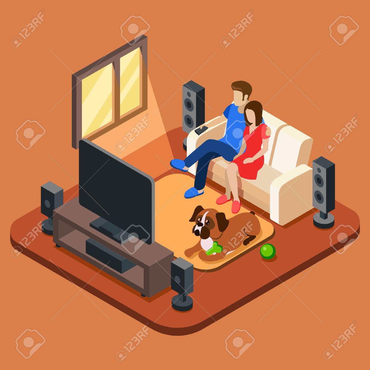 Living Room With Tv And People family in the living room watching tv. 3d isometric people concept Living Room With Tv And People family in the living room watching tv. 3d isometric people concept