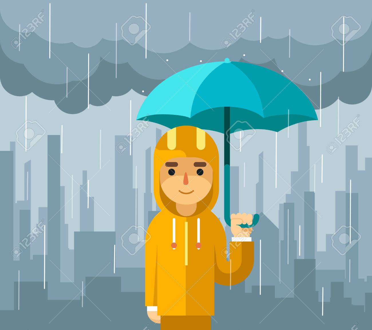 La Lluvia Con Paraguas. Hombre Con Paraguas De Pie Bajo Lluvia Ilustración Vectorial. Lluvia Y Paraguas, Con Paraguas, Hombre De Pie Bajo El Paraguas Ilustraciones Vectoriales, Clip Art