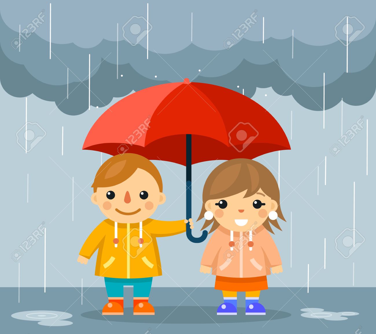 かわいい男の子と女の子の傘雨の下で立っています パラソルの下で幸せなカップルを立って ベクトル イラスト のイラスト素材 ベクタ Image