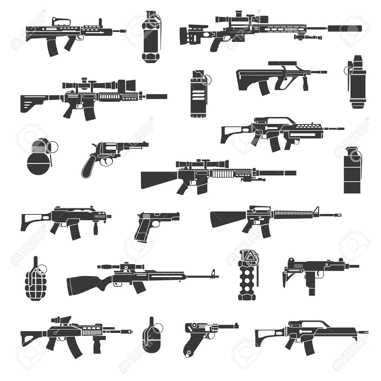 武器のアイコンおよび軍または戦争の兆候 軍隊 図武器銃および手榴弾の武器のセットのイラスト素材 ベクタ Image 武器のアイコンおよび軍または戦争の兆候 軍隊 図武器銃および手榴弾の武器のセットのイラスト素材 ベクタ Image