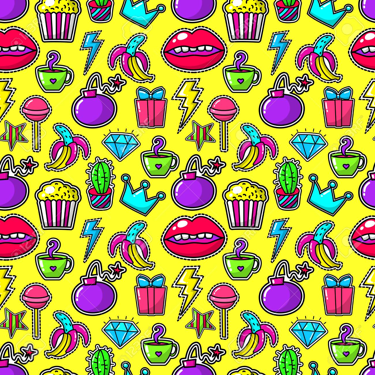 手書きのステッカーや爆弾 結晶 雷と黄色の背景にバナナの 80 年代のファッション女の子バッジ ポップコーン 唇 口 および爆弾漫画ビンテージ クラウン ベクトル図 のイラスト素材 ベクタ Image