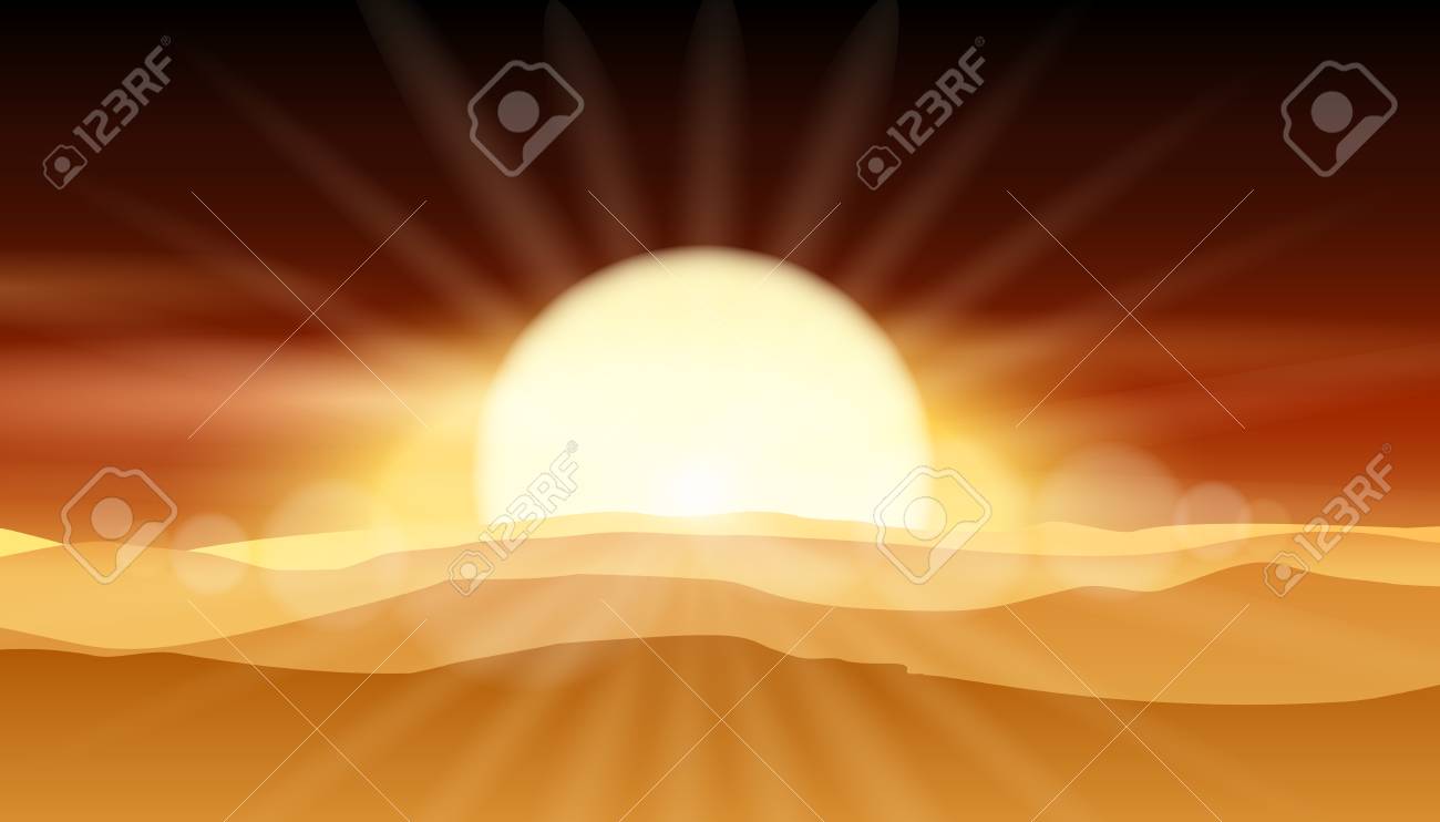 夕日の砂漠背景や砂浜の風景ベクトル イラストの日の出 屋外の砂 太陽 自然夏のイラスト素材 ベクタ Image