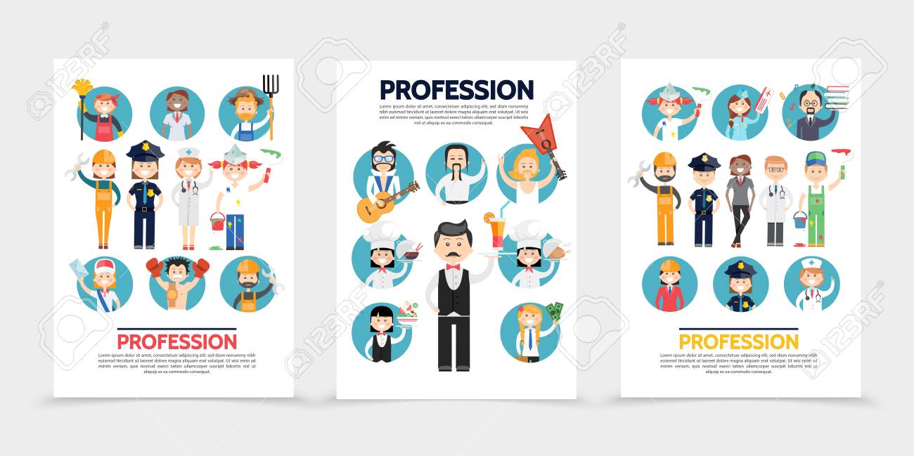 flat professions brochures with stylist farmer builder doctors