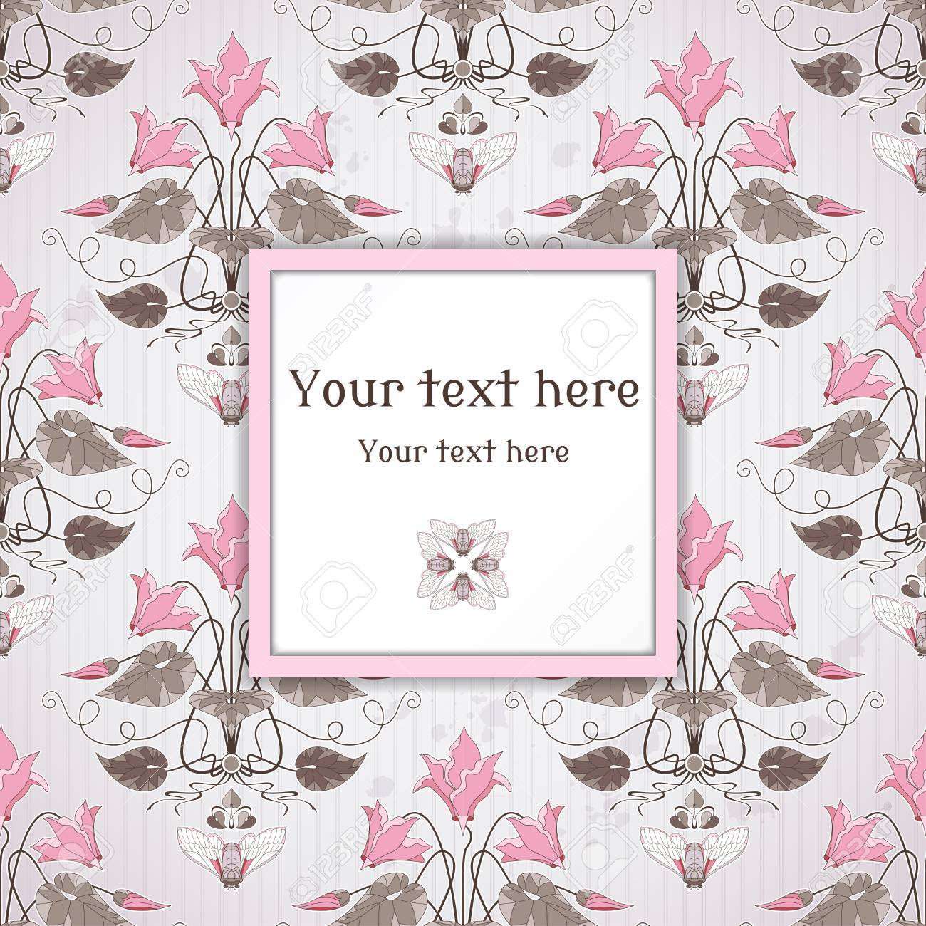 ベクトル正方形のフレーム シクラメン植物と蝉のモダンなスタイルのビンテージ パターン 古い紙 ストリップ 汚れ あなたのテキストのための場所 招待状 お知らせやご挨拶に最適です のイラスト素材 ベクタ Image