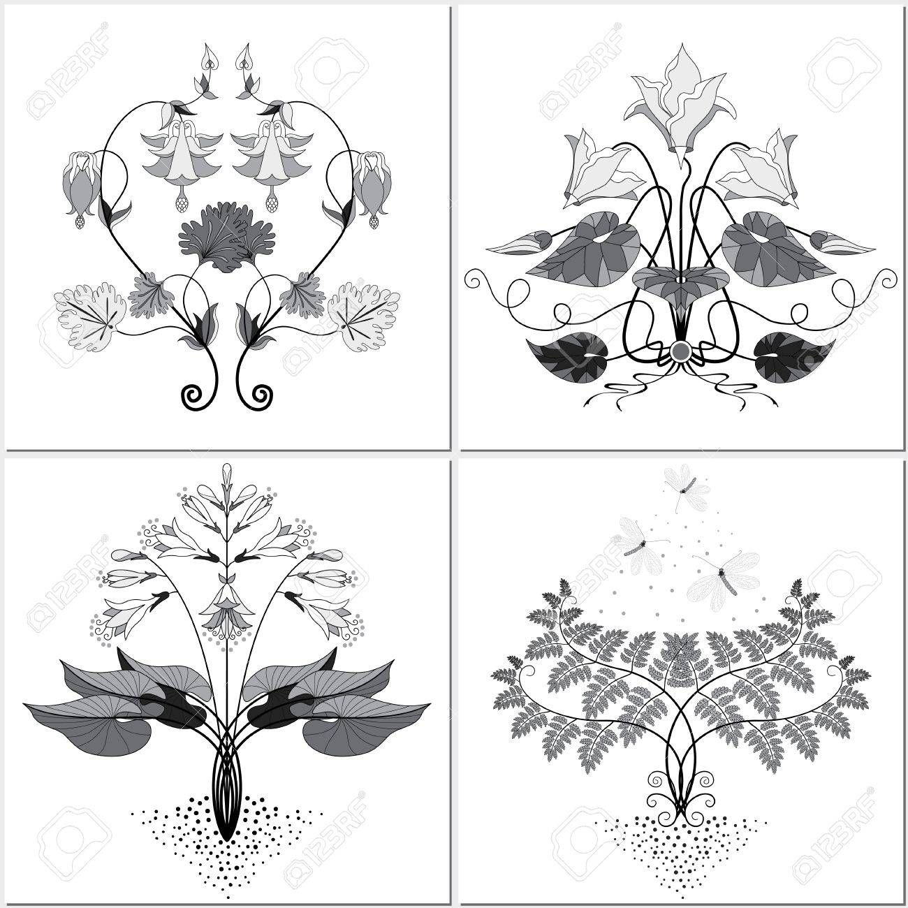 ベクトルは アール ヌーボー様式のパターンを作成する 4 つの花の要素のセット オダマキ シクラメン ギボウシ シダ 植物は 花 芽と葉に含まれています クサカゲロウの昆虫 簡単に色を変更します のイラスト素材 ベクタ Image
