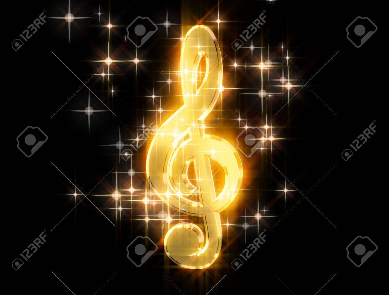 Golden treble clef, surrounded by stars on a black background - 37122103 Golden treble clef, surrounded by stars on a black background - 37122103