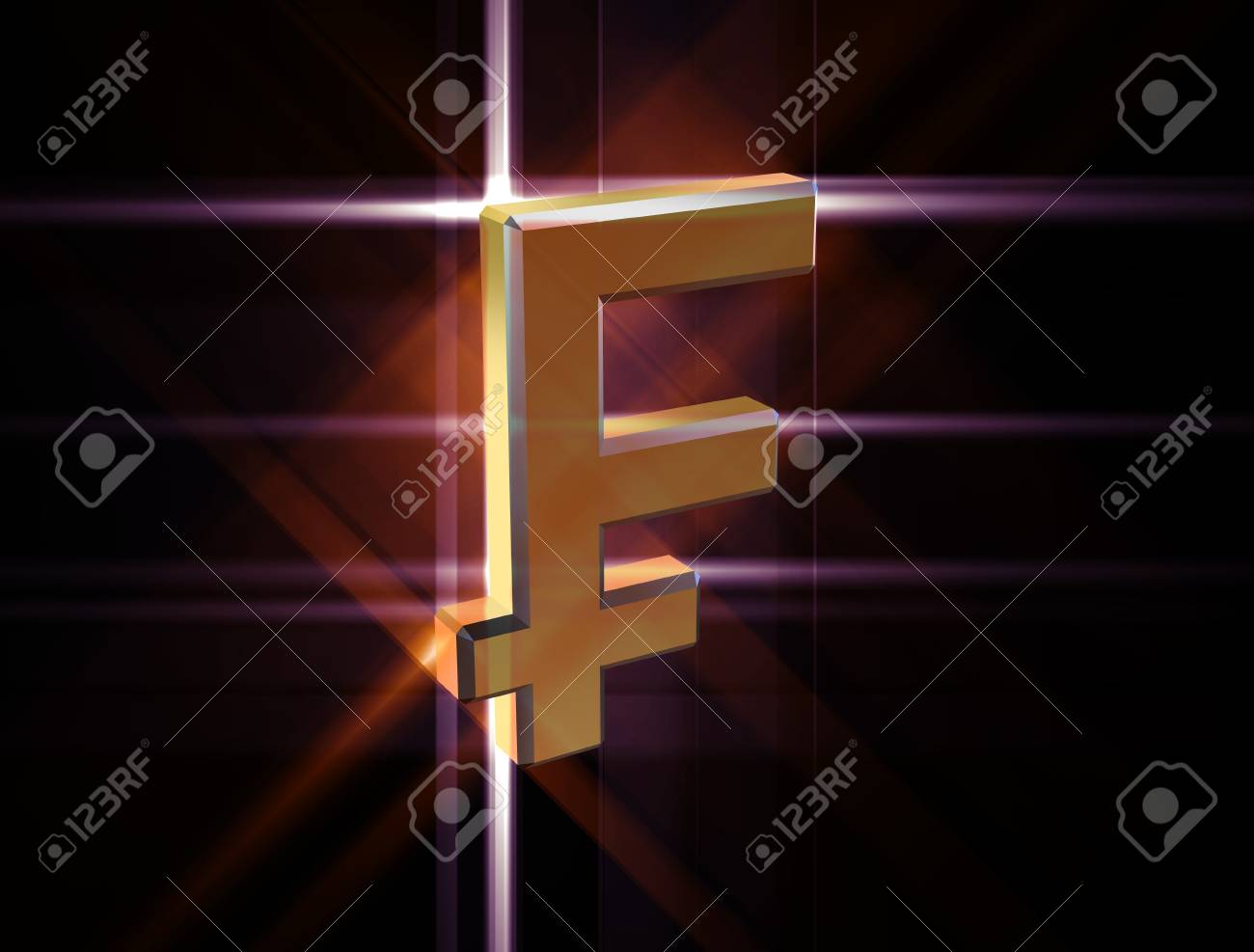 three-dimensional image of the gold franc symbol among the colored rays - 74615796 three-dimensional image of the gold franc symbol among the colored rays - 74615796