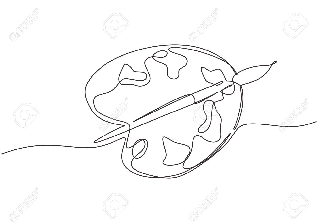 Continuous One Line Drawing Of Art Palette With Ink Brush Isolated