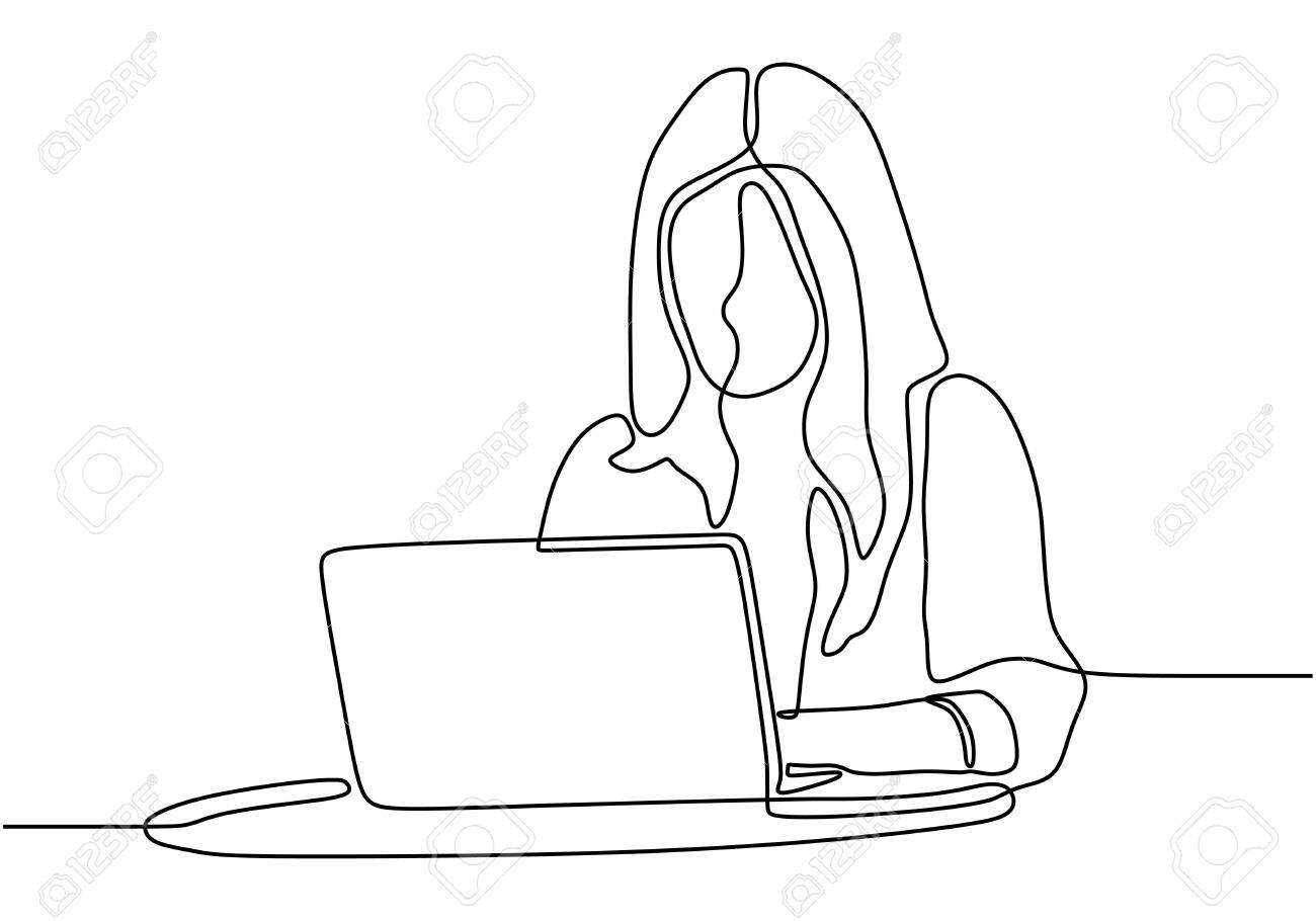 Woman With Laptop Continuous One Line Drawing. Vector Of A Girl Sits At A  Computer. Клипарты, SVG, векторы, и Набор Иллюстраций Без Оплаты  Отчислений. Image 133922821