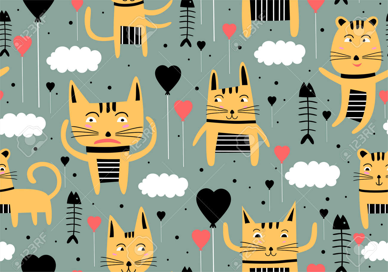 Vector seamless pattern with hand draw cats. Cute colorful kittens and fish on grey background. Creative nursery background. Perfect for kids design, fabric, wrapping, wallpaper, textile, apparel - 157293555 Vector seamless pattern with hand draw cats. Cute colorful kittens and fish on grey background. Creative nursery background. Perfect for kids design, fabric, wrapping, wallpaper, textile, apparel - 157293555