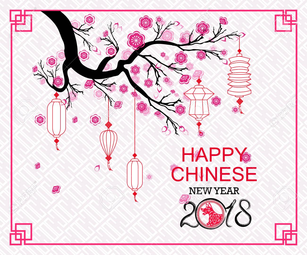 幸せな中国の旧正月ピンク背景ベクトル イラストをちょうちんで犬のコンセプト デザインの 18 年のイラスト素材 ベクタ Image