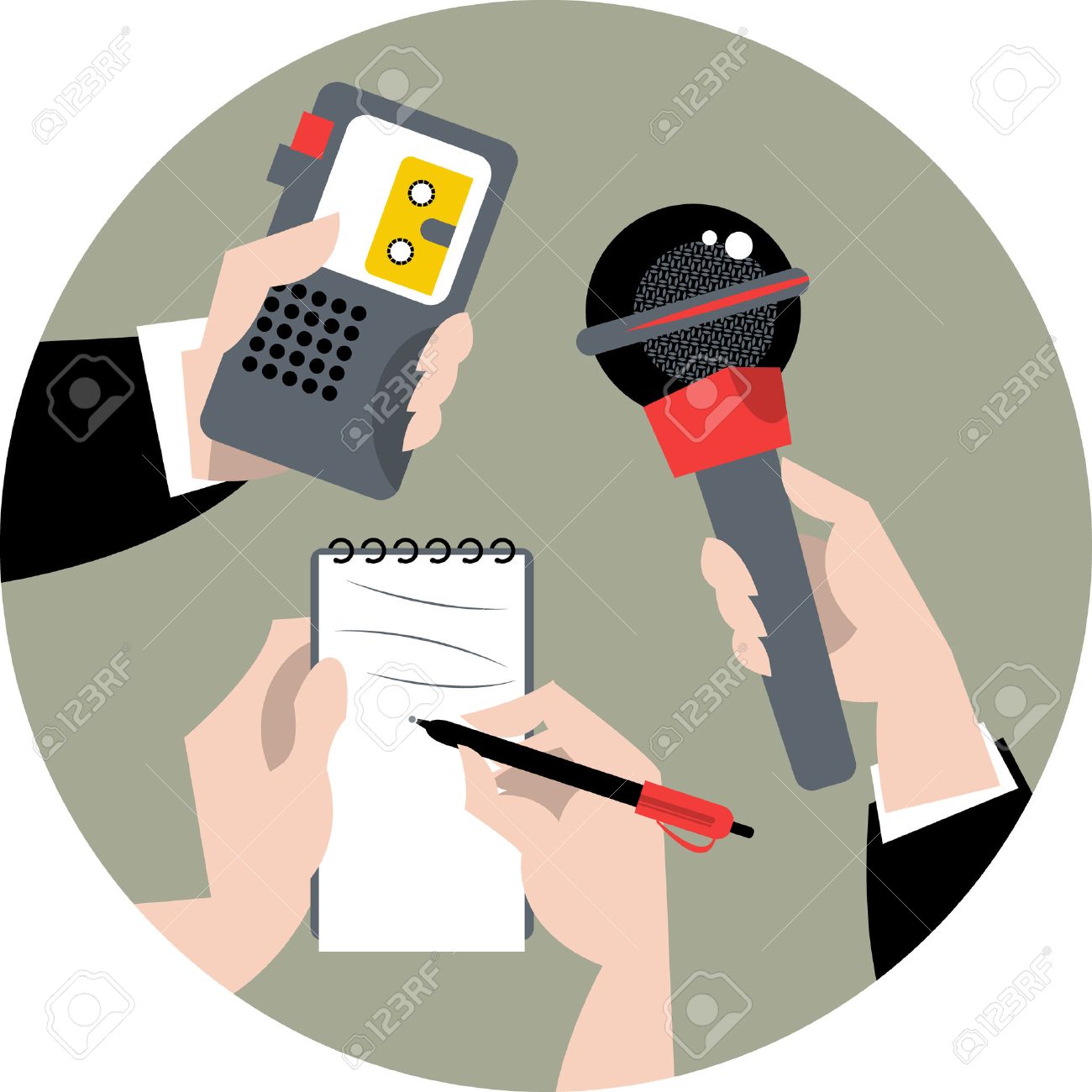 Conjunto De Manos Que Sostienen El Microfono Grabadora De Voz Y Un Cuaderno De Espiral Concepto De Periodismo Ilustracion Vectorial Ilustraciones Vectoriales Clip Art Vectorizado Libre De Derechos Image 44891510