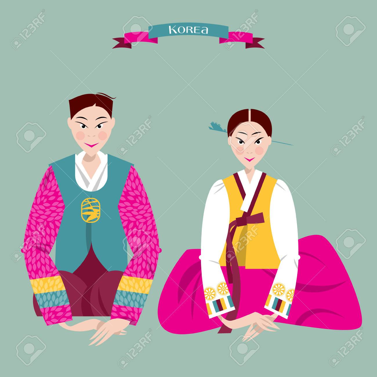 D Ouple In Traditional Korean Dresses Seollal Lunar New Year Korean Tradition Vector Illustration Royalty Free Cliparts Vectors And Stock Illustration Image