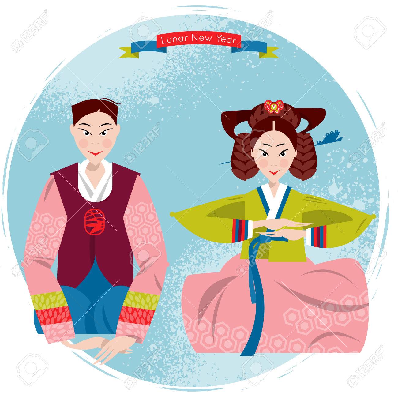 Ouple In Traditional Korean Dresses Seollal Lunar New Year Korean Tradition Vector Illustration Royalty Free Cliparts Vectors And Stock Illustration Image