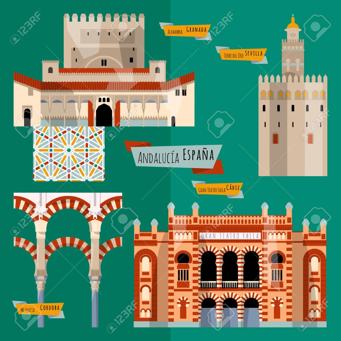 アンダルシアの観光スポット セビリア グラナダ コルドバ カディス スペイン ヨーロッパ ベクトル図のイラスト素材 ベクタ Image