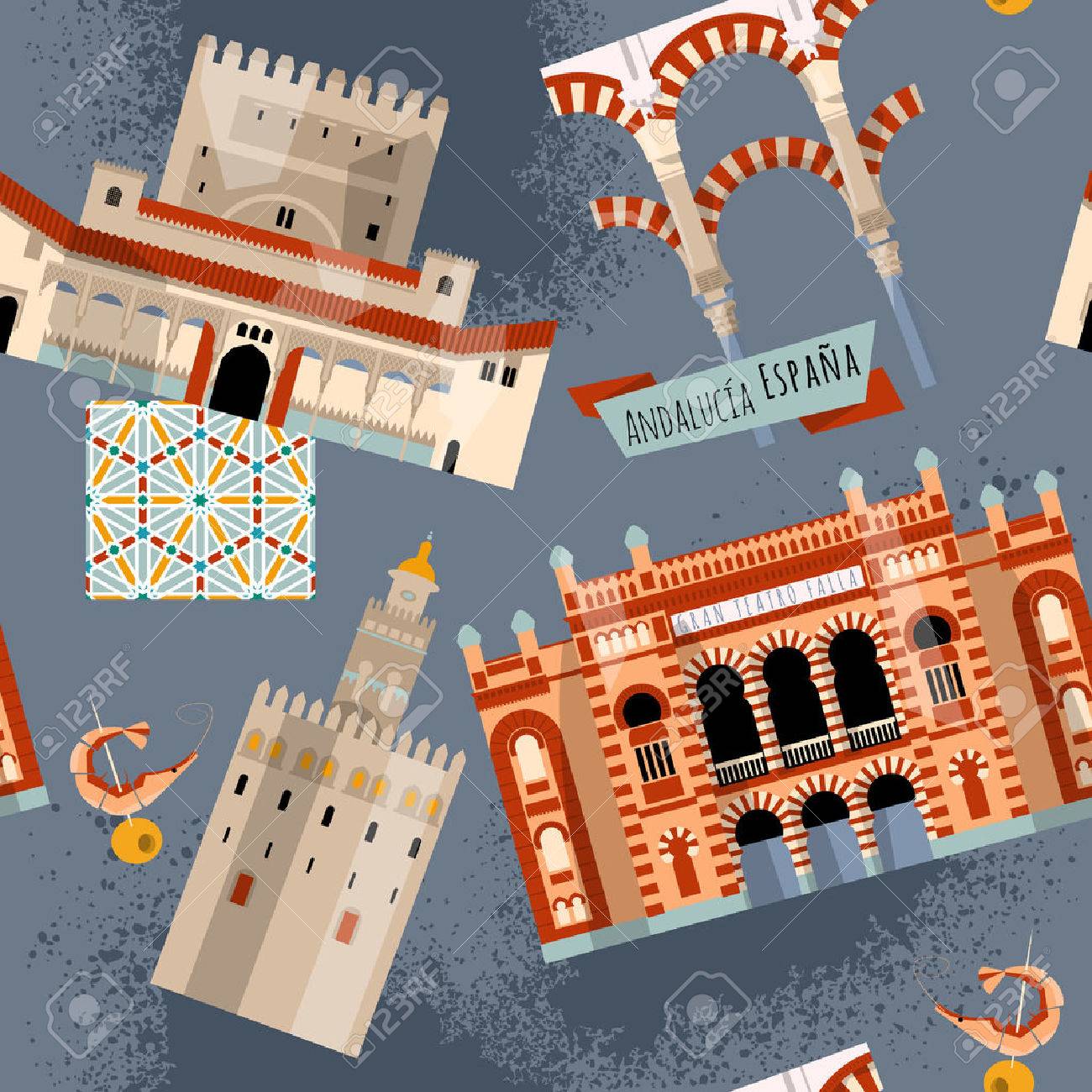 アンダルシアの観光スポット セビリア グラナダ コルドバ カディス スペイン ヨーロッパ シームレスな背景パターン ベクトル図のイラスト素材 ベクタ Image