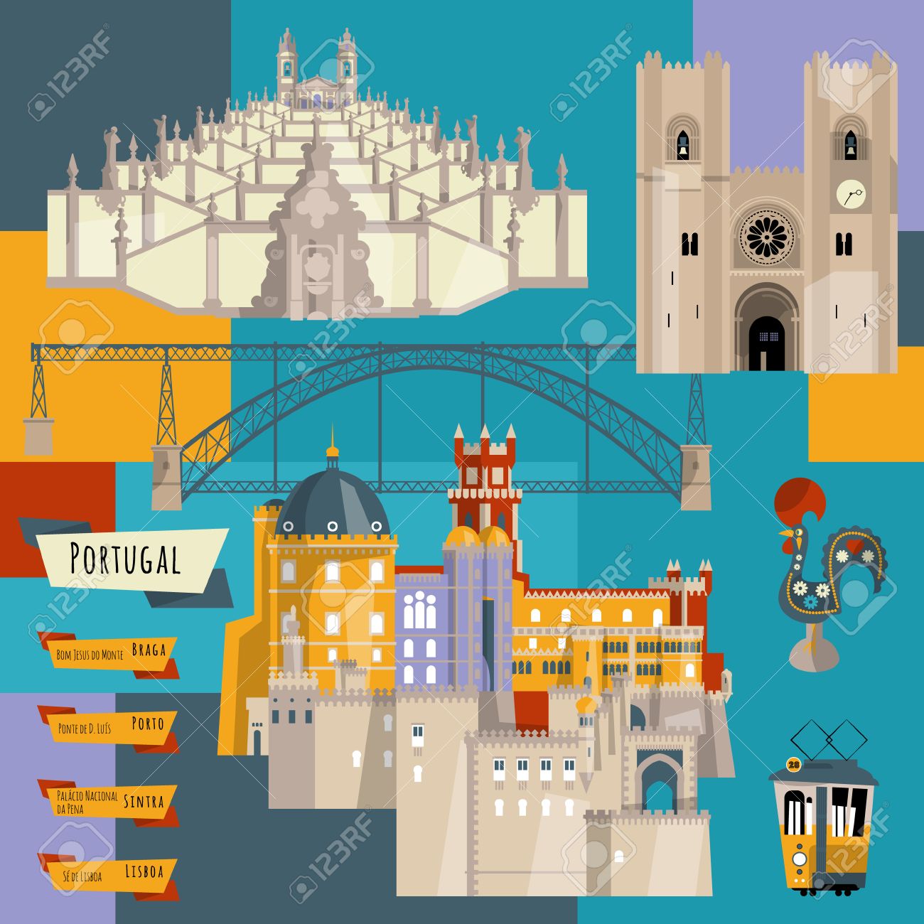 ポルトガルの観光スポット リスボン シントラ ポルト ブラガ ヨーロッパ ベクトル図のイラスト素材 ベクタ Image