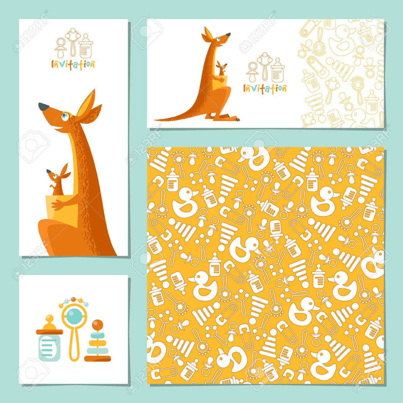 set of 4 universal invitation cards with a kangaroo and a baby