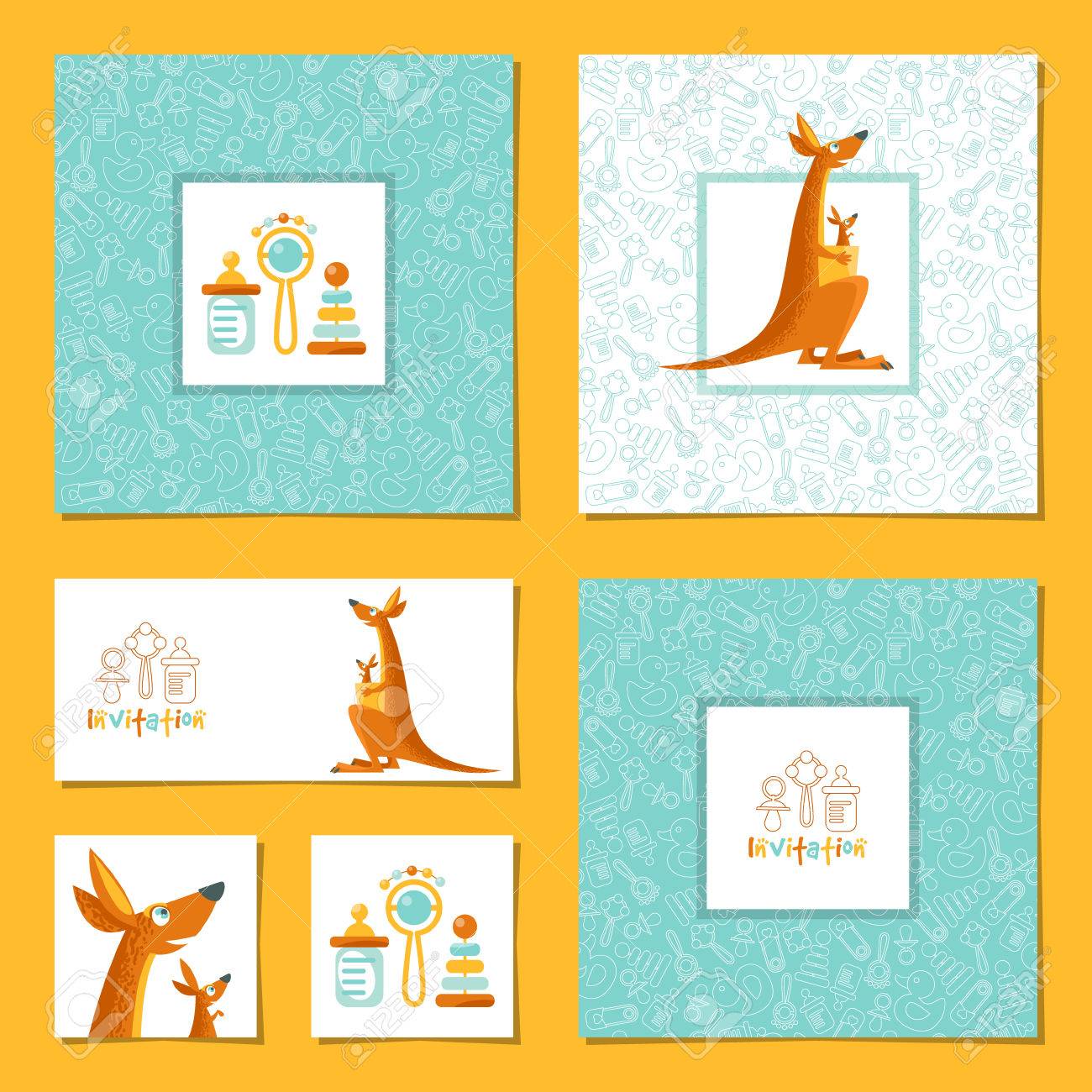 set of 6 universal invitation cards with a kangaroo and a baby