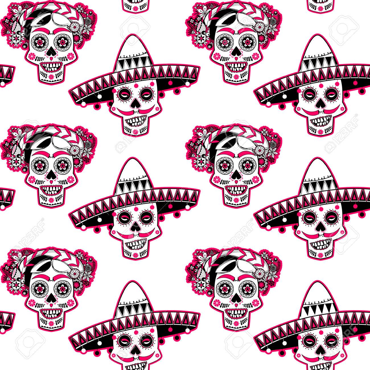 笑顔の花とスカル 髪型とソンブレロが装飾されています シームレスな背景パターン ベクトル図のイラスト素材 ベクタ Image 笑顔の花とスカル 髪型とソンブレロが装飾されています シームレスな背景パターン ベクトル図のイラスト素材 ベクタ Image