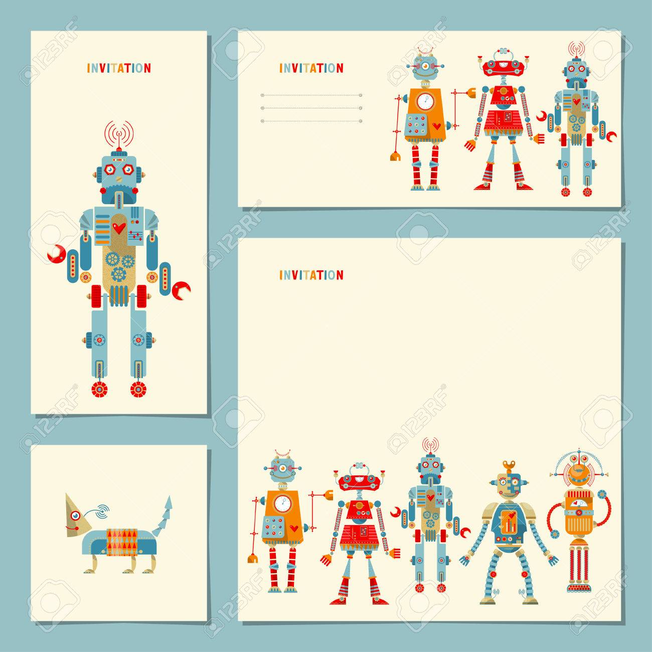4 universal cards withmulti colored robots template birthday