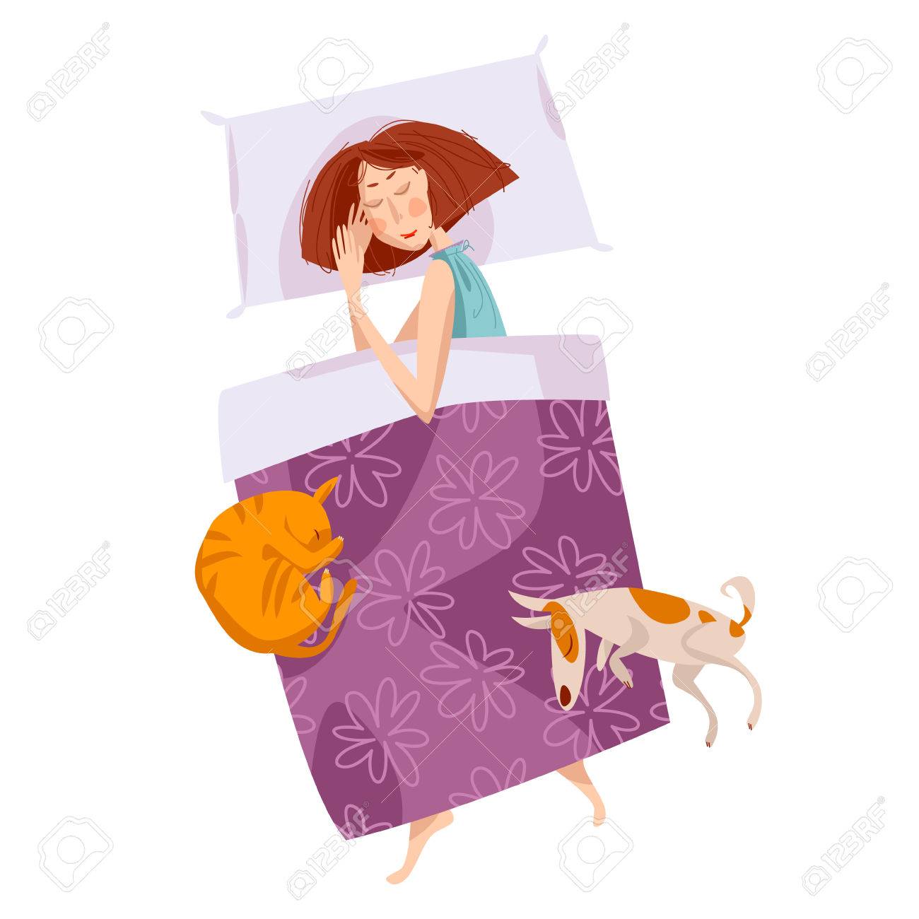 Fille Douloureuse Avec Un Chat Et Un Chien Bonne Nuit Fais De Beaux Rêves Illustration Vectorielle