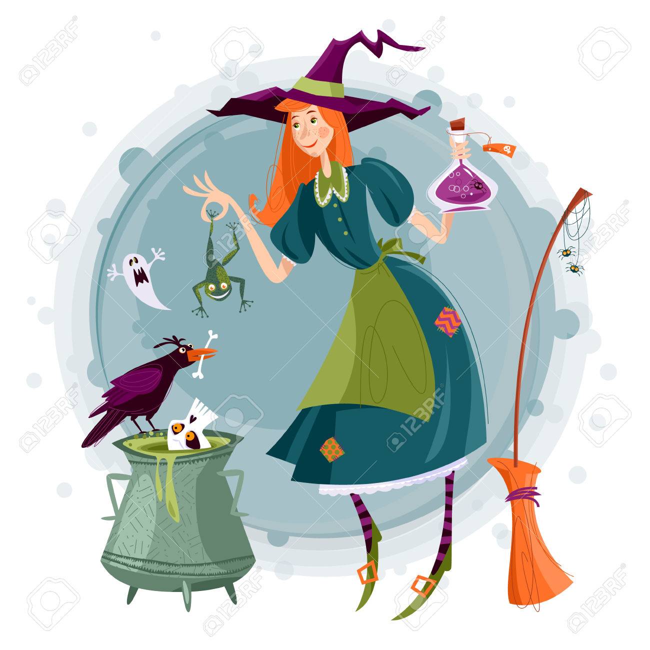 Petite Sorciere Preparant Une Potion Magique Dans Un Chaudron Joyeux Halloween Illustration Vectorielle Clip Art Libres De Droits Vecteurs Et Illustration Image 85501116