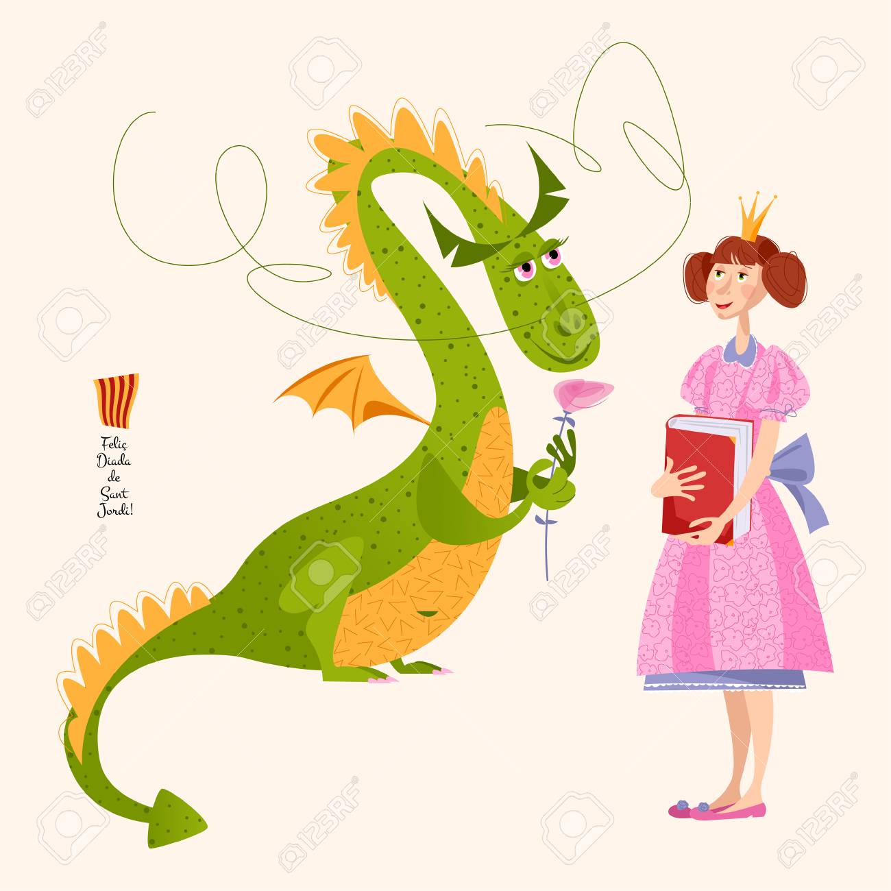 Princesa Con Un Libro Y Dragón Con Una Rosa.Diada De Sant Jordi ...