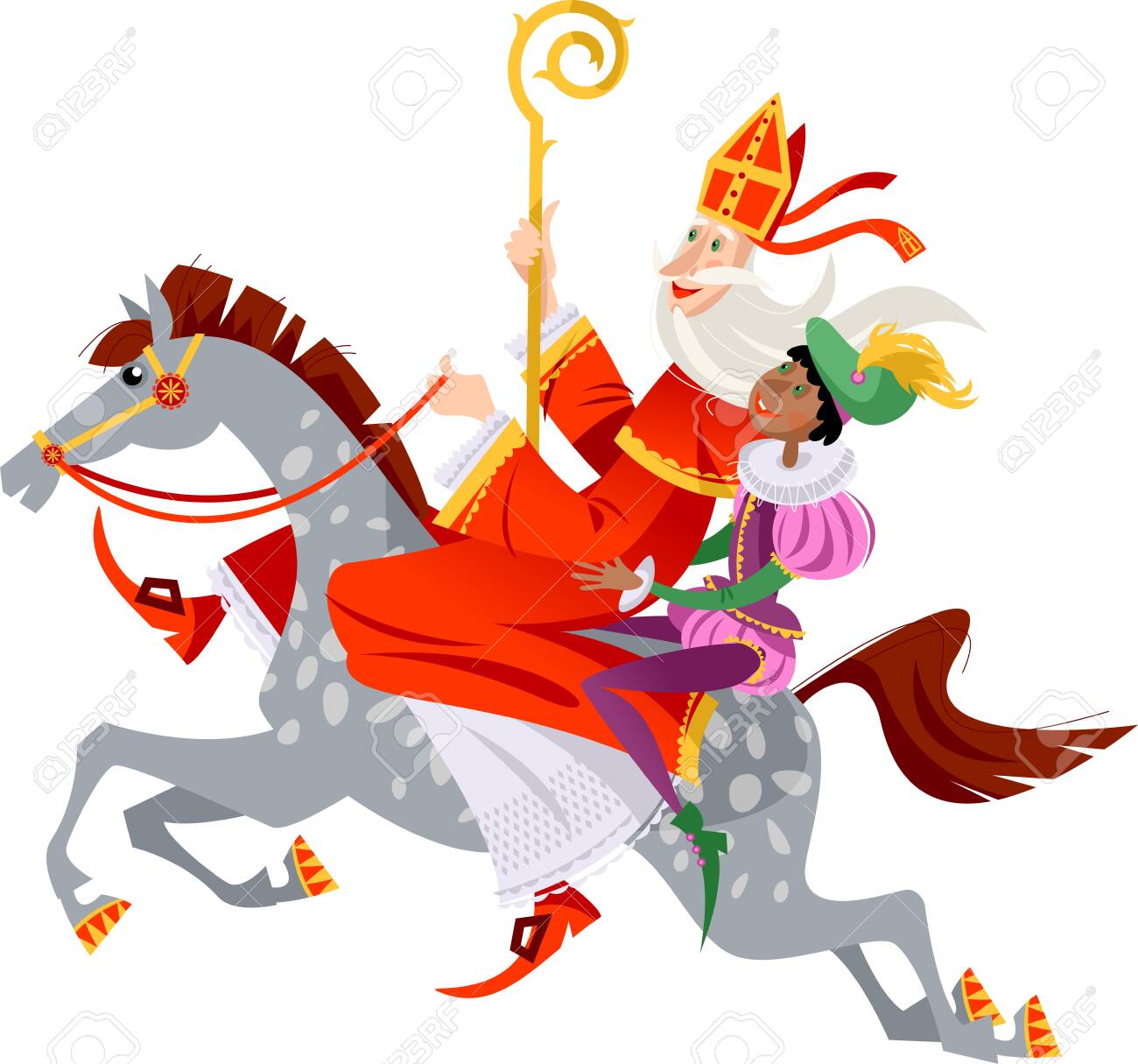 Santa Claus (Sinterklaas) and his helper ride a horse to deliver gifts. Christmas in Holland. Vector illustration. - 131973796 Santa Claus (Sinterklaas) and his helper ride a horse to deliver gifts. Christmas in Holland. Vector illustration. - 131973796