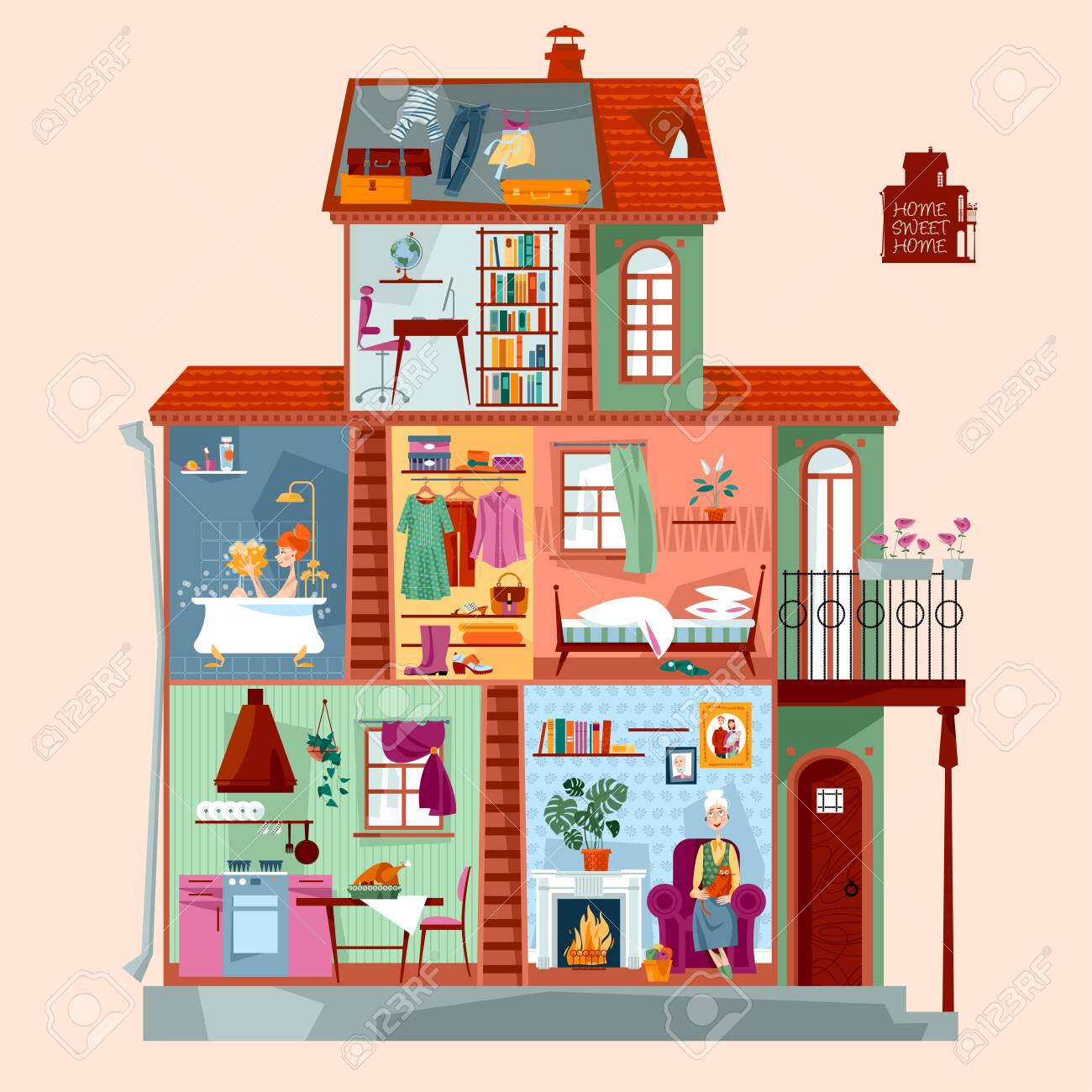 Cross Section Of A Private House. Detailed Interior Design Of Rooms. Vector  Illustration Royalty Free SVG, Cliparts, Vectors, and Stock Illustration.  Image 149823397., image size:1300x1300