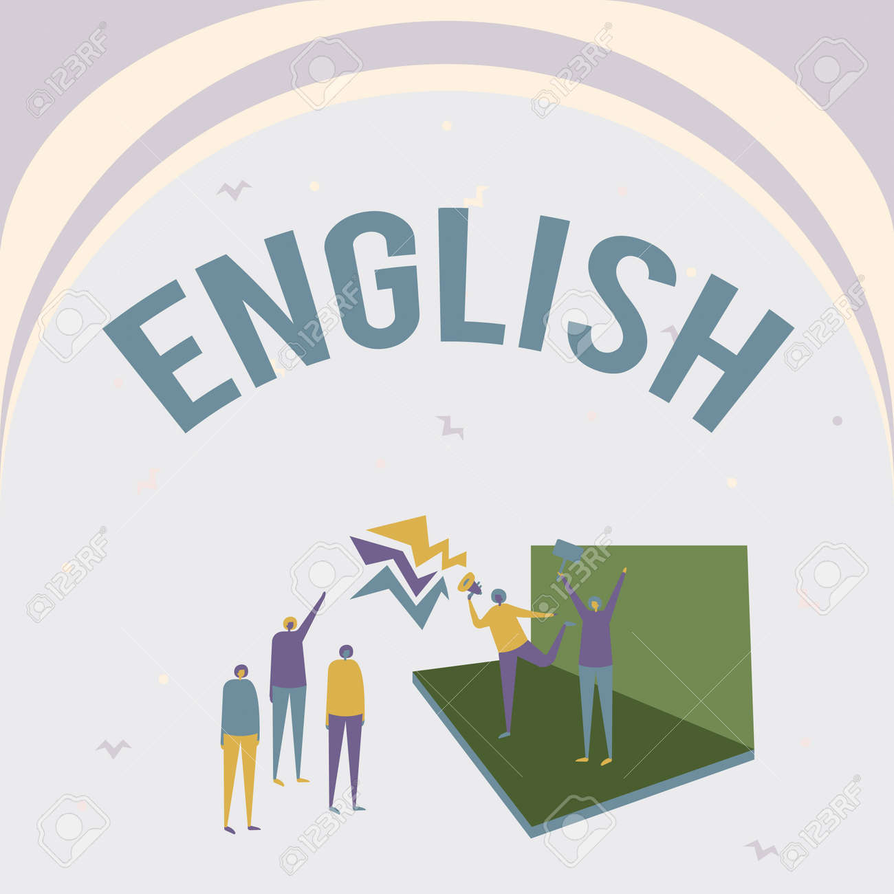 サイン英語を示すインスピレーション。言語文化を示すイギリスに関連する概念の意味イギリス文学のクラス小さな群衆に発表をするステージ上のカップルのイラスト。の写真素材・画像素材  Image 178520730