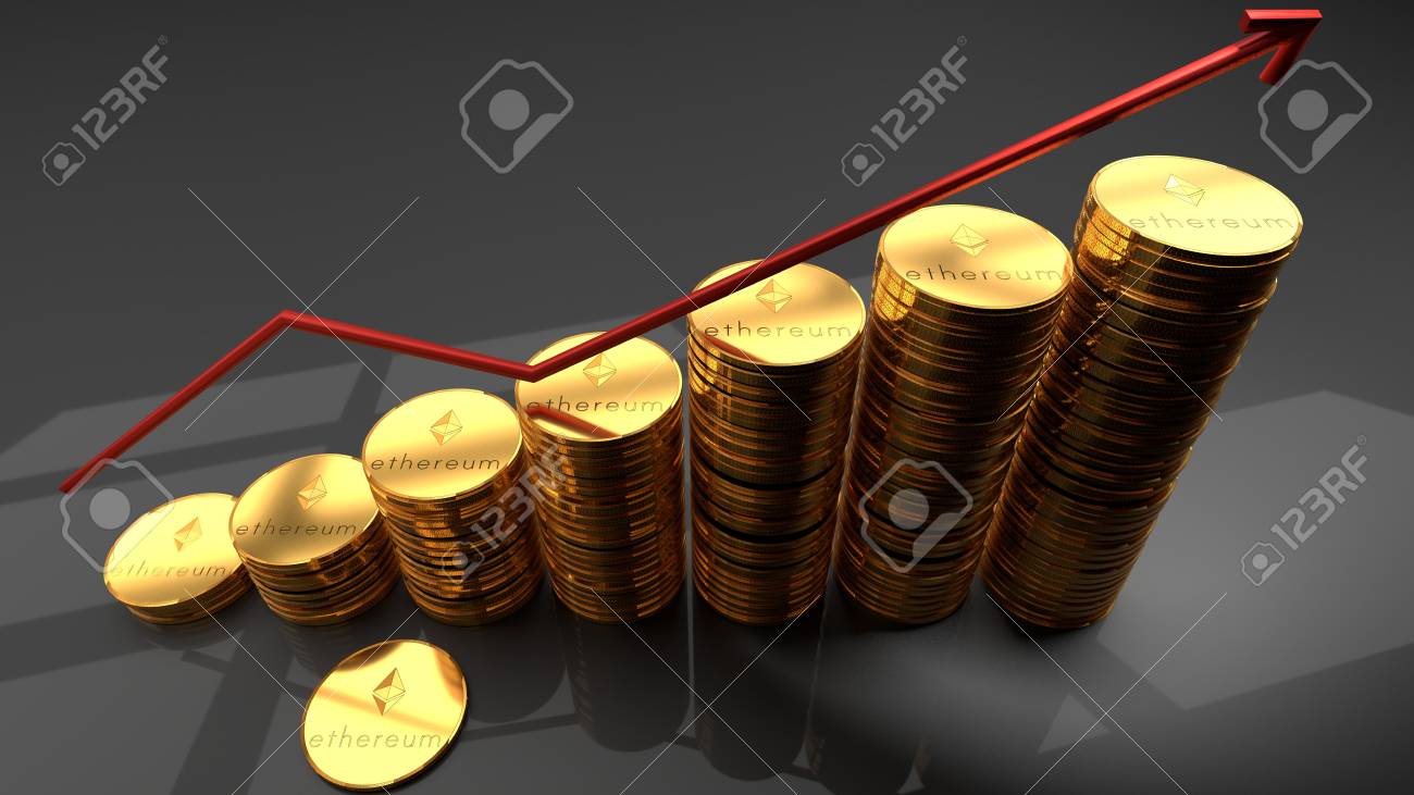 이더 리움 통화, 사이버, 블록 체인 기반, 디지털, 암호화 통화, 비트 코인 대안, 빨간색 차트 증가는 최근 인기와 시장 가치 상승,  3d 일러스트를 상징합니다. 로열티 무료 사진, 그림, 이미지 그리고 스톡포토그래피. Image