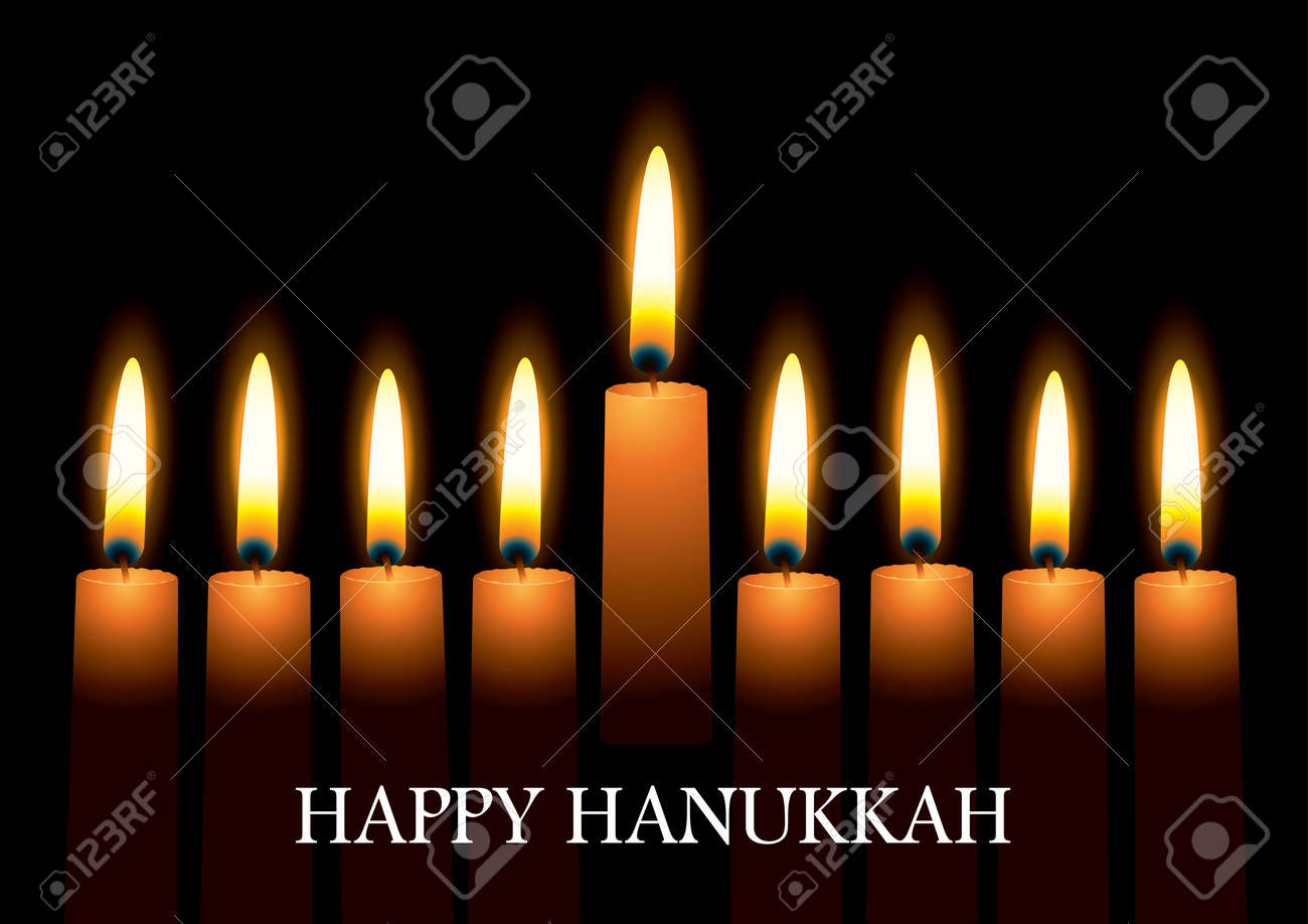 Hanukkah nine candles with burning flames and text - 8679307 Hanukkah nine candles with burning flames and text - 8679307