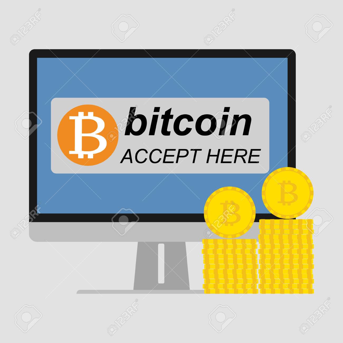 컴퓨터 화면 바탕 화면 비트 코인은 온라인 지불을 위해 비트 코인으로 여기에 동의합니다. 벡터 일러스트 레이 션 Bitcoin 마이닝  개념입니다. 로열티 무료 사진, 그림, 이미지 그리고 스톡포토그래피. Image 79879395