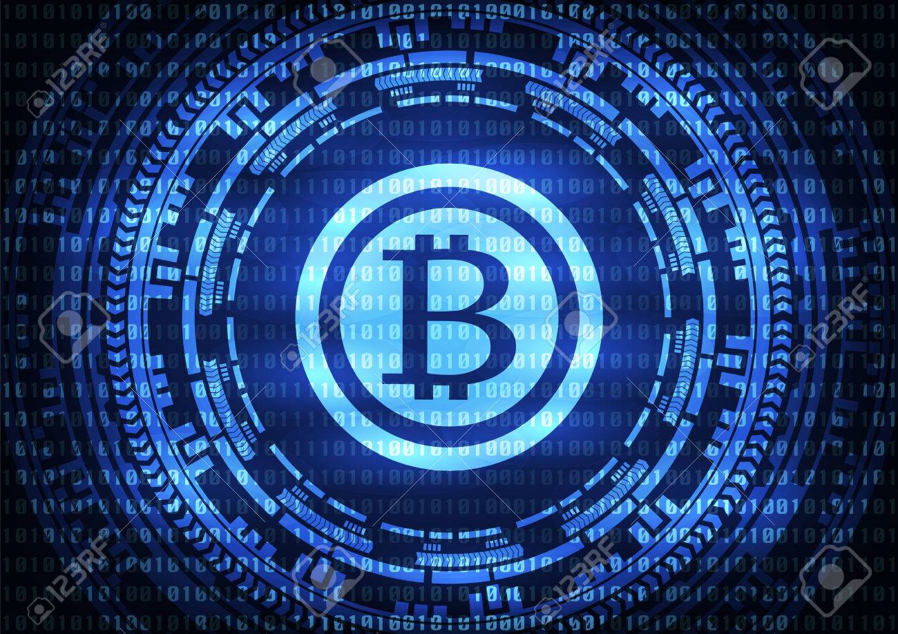 추상 기술 Bitcoins 로고 이진 코드 및 기어 파란색 배경. 벡터 일러스트 레이 션 사이버 범죄 및 사이버 보안 개념입니다.  로열티 무료 사진, 그림, 이미지 그리고 스톡포토그래피. Image 83097952