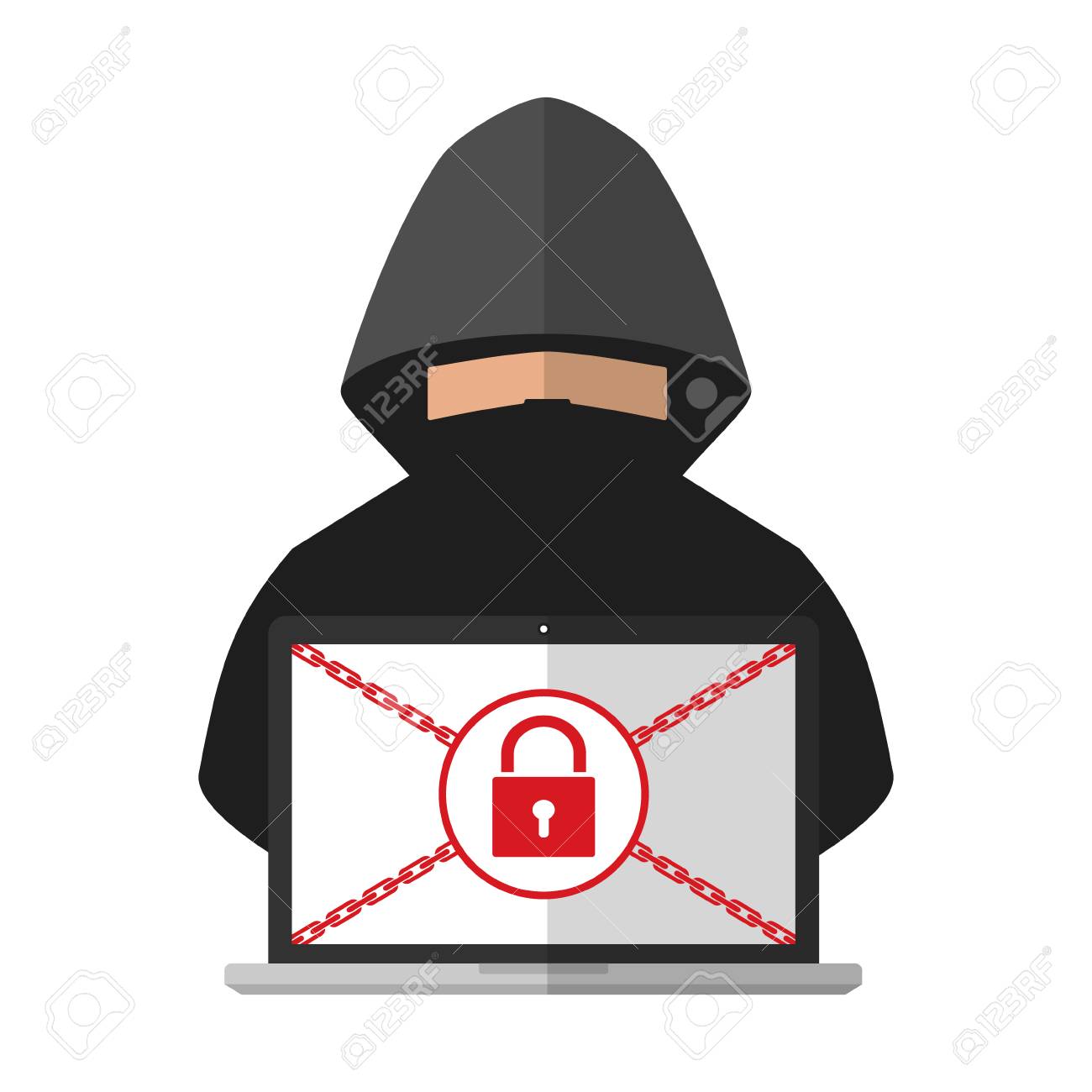 泥棒ハッカーは 白い背景にランサムウェアマルウェア ウイルスコンピュータと身代金のための被害者のコンピュータのラップトップフォルダをロックしました ベクトルイラスト サイバー犯罪技術データプライバシーとセキュリティコンセプト のイラスト素材 ベクタ Image