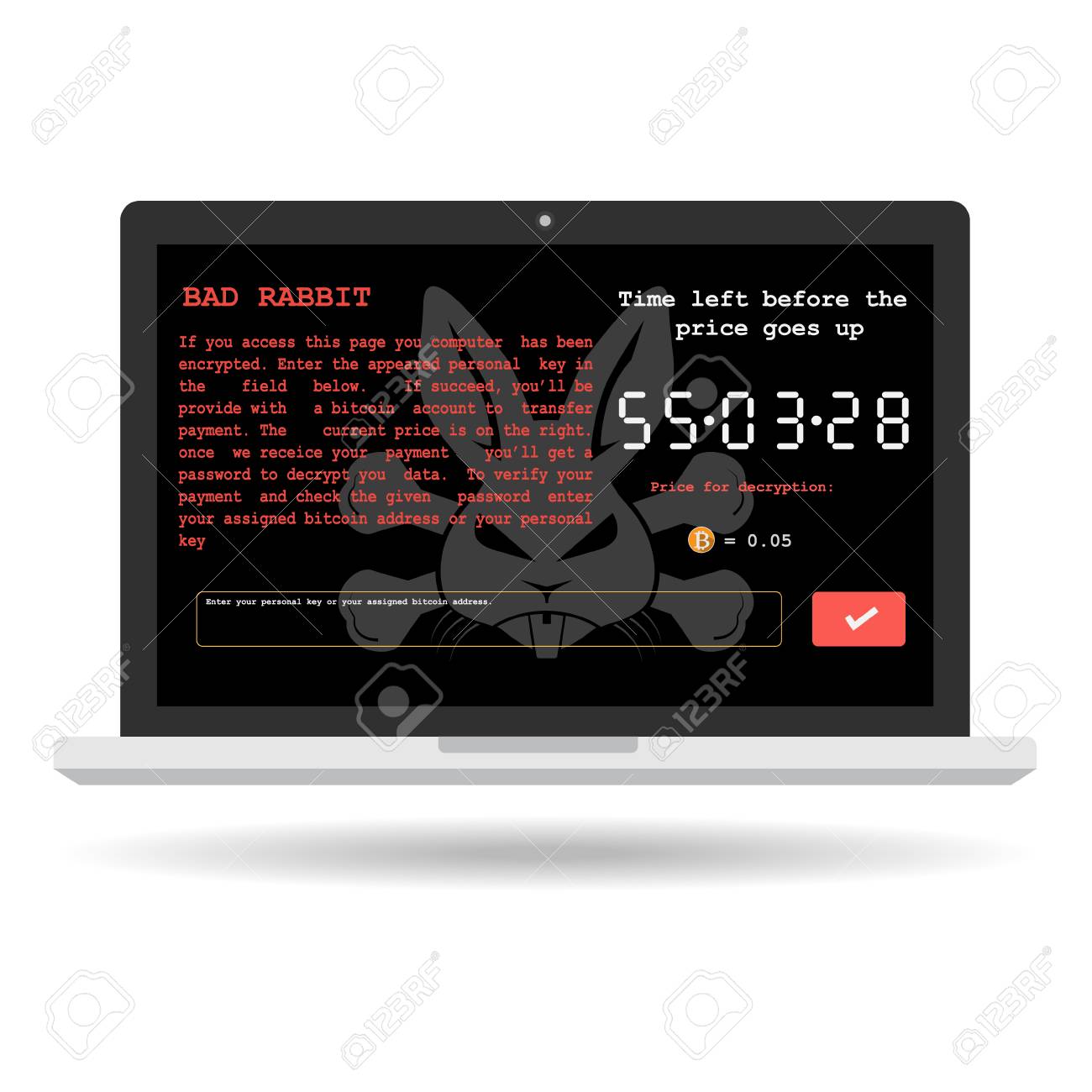 나쁜 토끼 Ransomware 악성 코드 바이러스 위협 Extortionist 컴퓨터 화면에 흰색 배경에 해독에 대 한 비트 코인 지불  마사지를 표시합니다. 벡터 일러스트 레이 션 사이버 범죄 및 보안 개념입니다. 로열티 무료 사진,
