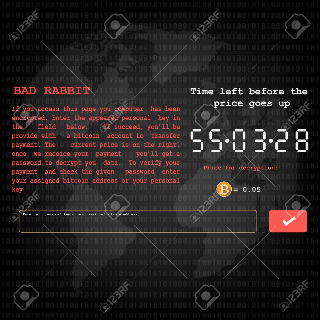 나쁜 토끼 Ransomware 악성 코드 바이러스 위협 Extortionist 이진 백그라운드에 해독에 대 한 Bitcoin 지불의  표시 마사지. 벡터 일러스트 레이 션 사이버 범죄 및 보안 개념입니다. 로열티 무료 사진, 그림, 이미지 그리고