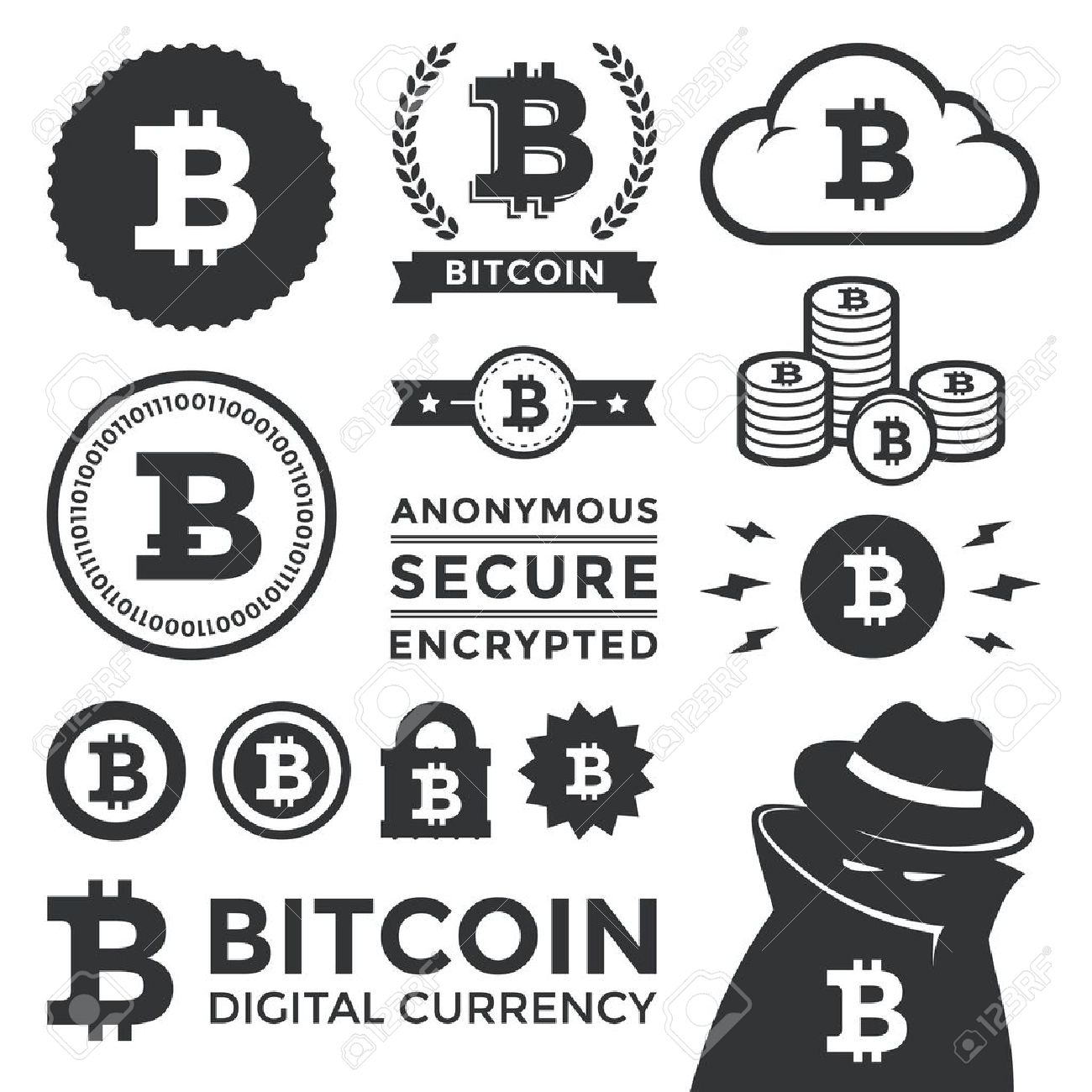 다양한 비트 동전 디자인 요소, 배지, 라벨 및 아이콘의 그림 비트 동전 통화 기호 중 가장 인기있는 두 개의 버전을 포함합니다 통화의  익명, 암시장 측면 잠금 전환 수를 나타내는 음영 범죄를 포함