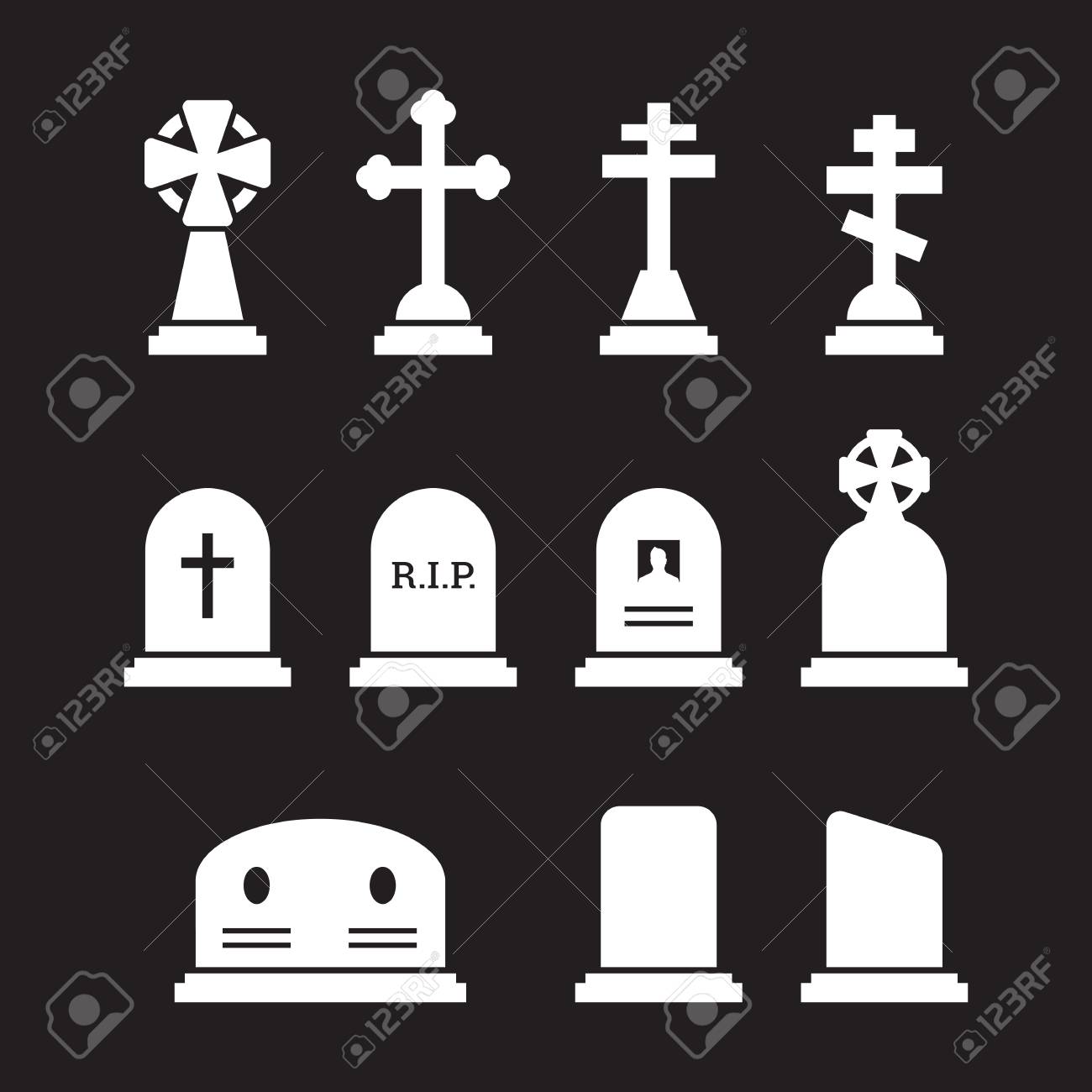 墓地のアイコンを設定します 黒背景に白のイラスト素材 ベクタ Image