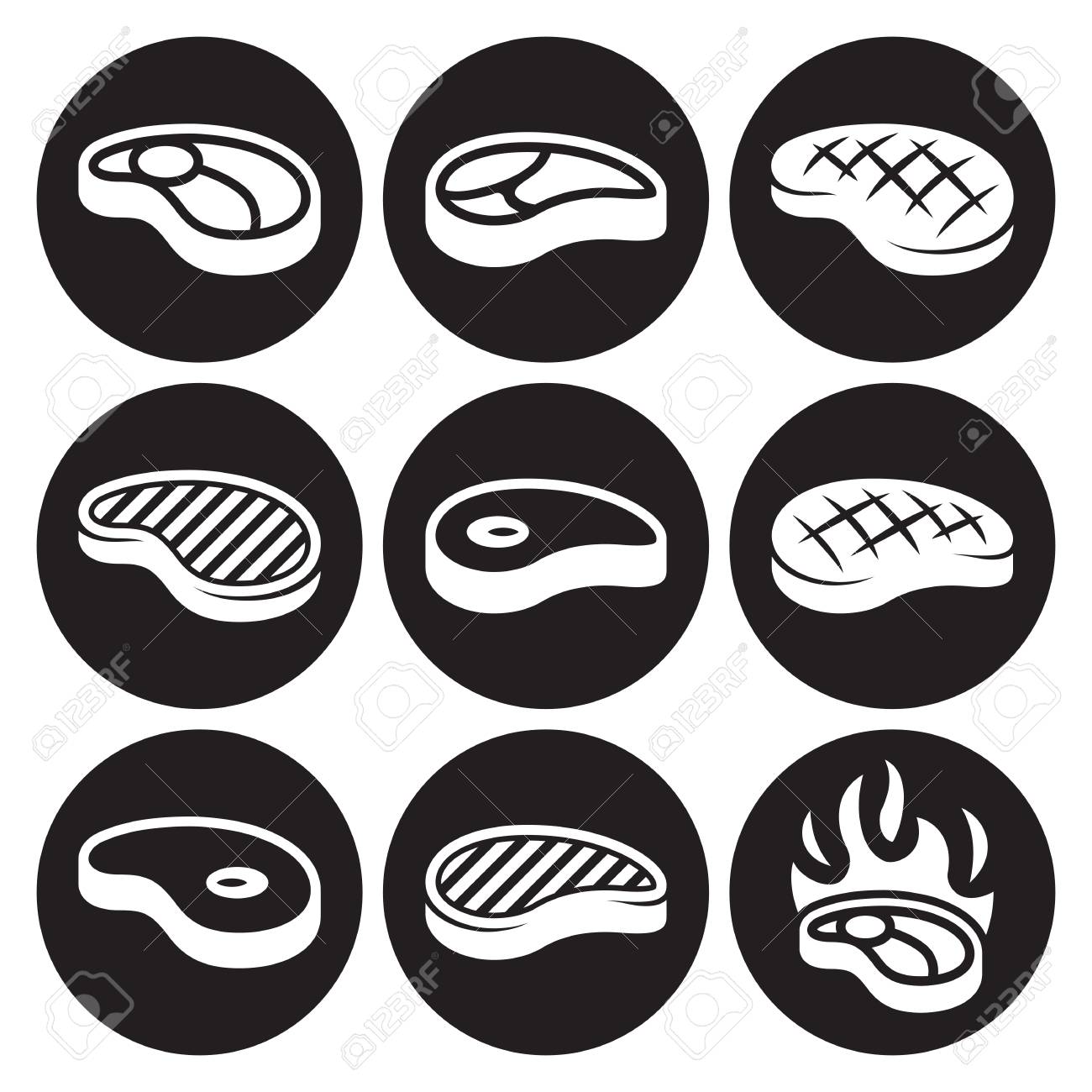 ステーキのアイコンを設定します 黒背景に白のイラスト素材 ベクタ Image ステーキのアイコンを設定します 黒背景に白のイラスト素材 ベクタ Image