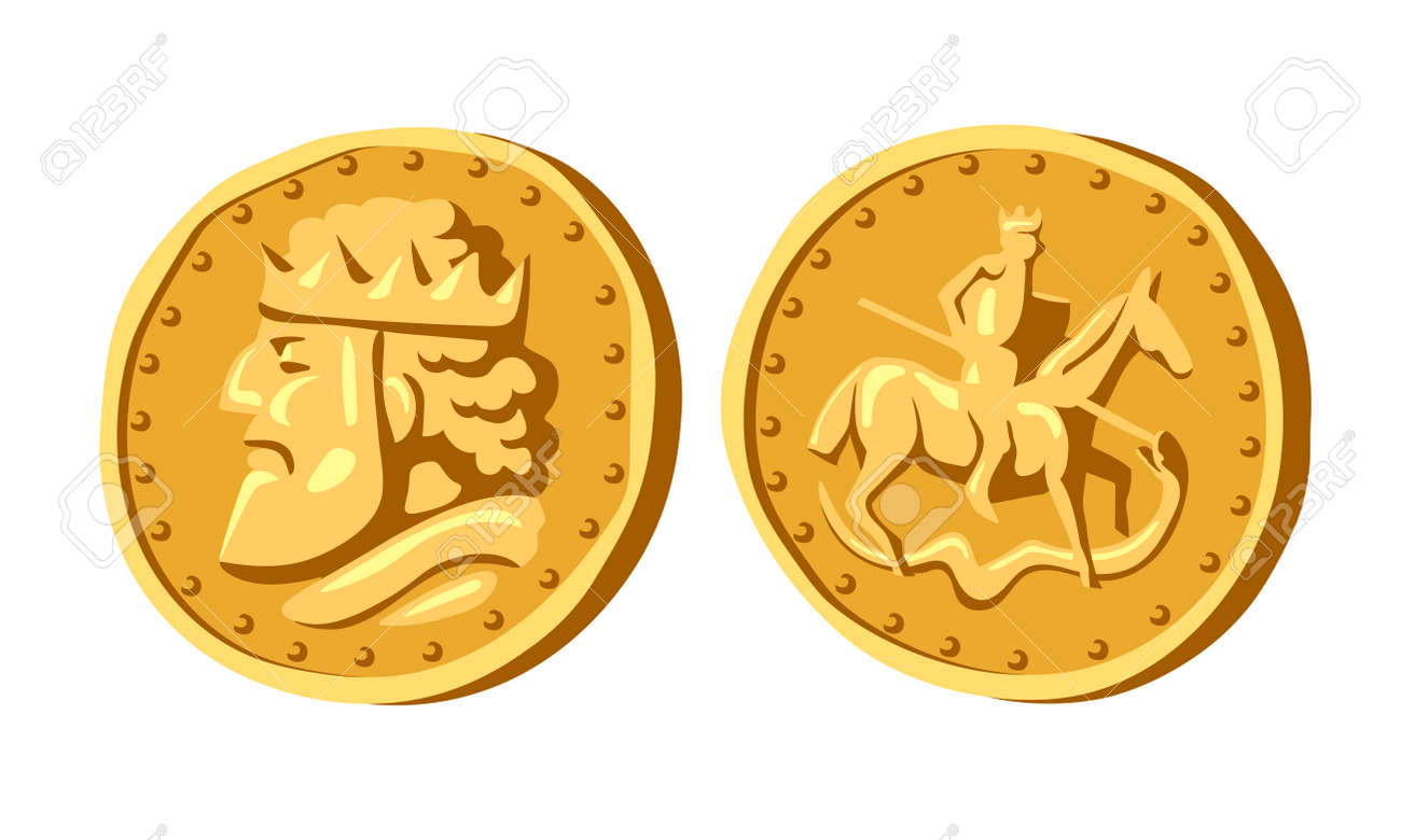 王のプロフィール、馬の槍兵、表と裏、貨幣の趣味、漫画とフラットなデザインの白い背景に分離された色ベクトルのイラストと中世の古代のコインのイラスト素材・ベクター  Image 171662645